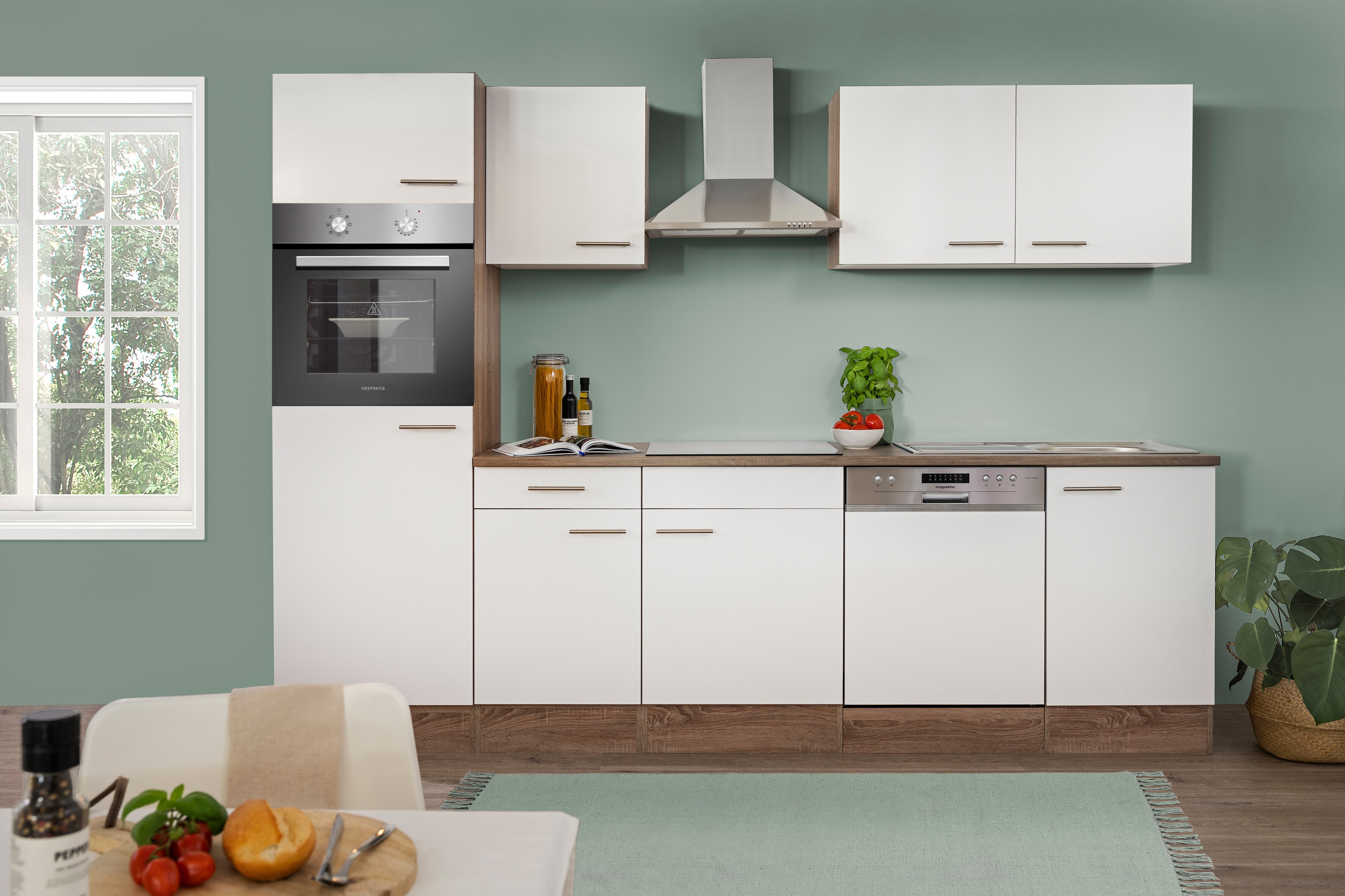 Respekta K&uuml;chenprogramm Eiche York K&uuml;chenzeile 280 cm inkl. E- Ger&auml;te & Mineralite Einbausp&uuml;le, wei&szlig; - Bild 1