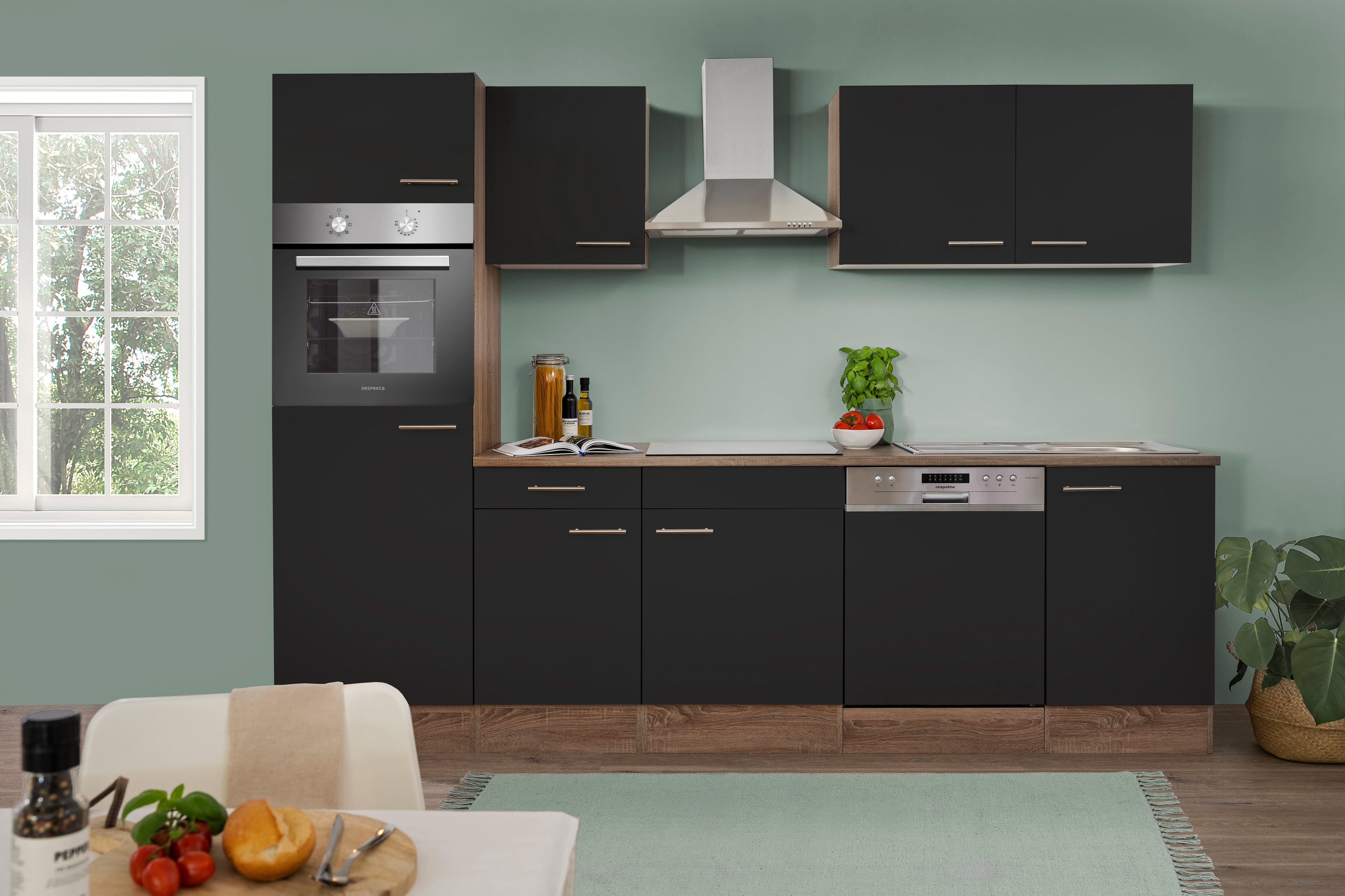 Respekta K&uuml;chenprogramm Eiche York K&uuml;chenzeile 280 cm inkl. E- Ger&auml;te & Mineralite Einbausp&uuml;le, schwarz - Bild 1