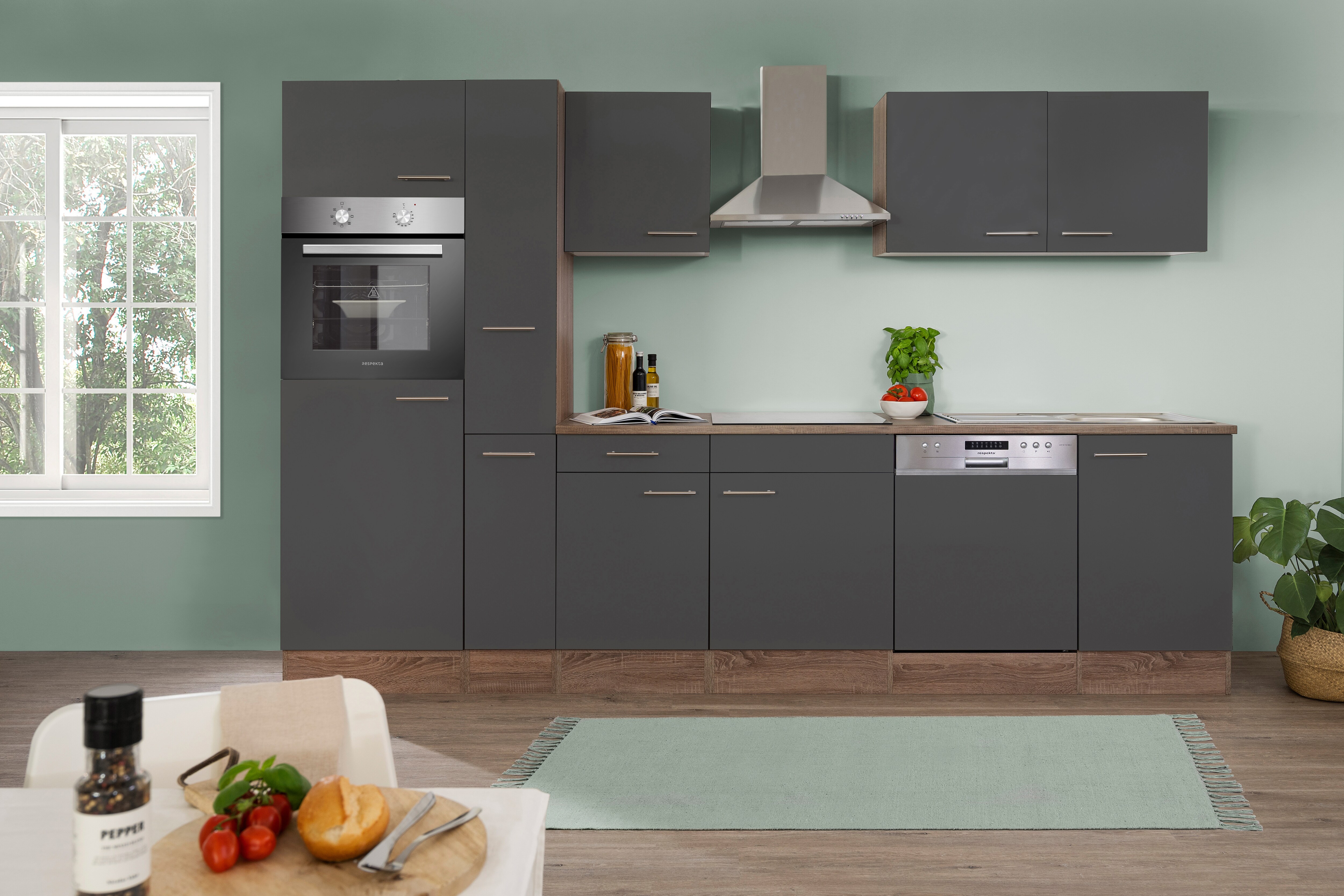 Respekta K&uuml;chenprogramm Eiche York K&uuml;chenzeile 310 cm inkl. E-Ger&auml;te & Mineralite Einbausp&uuml;le, grau - Bild 1
