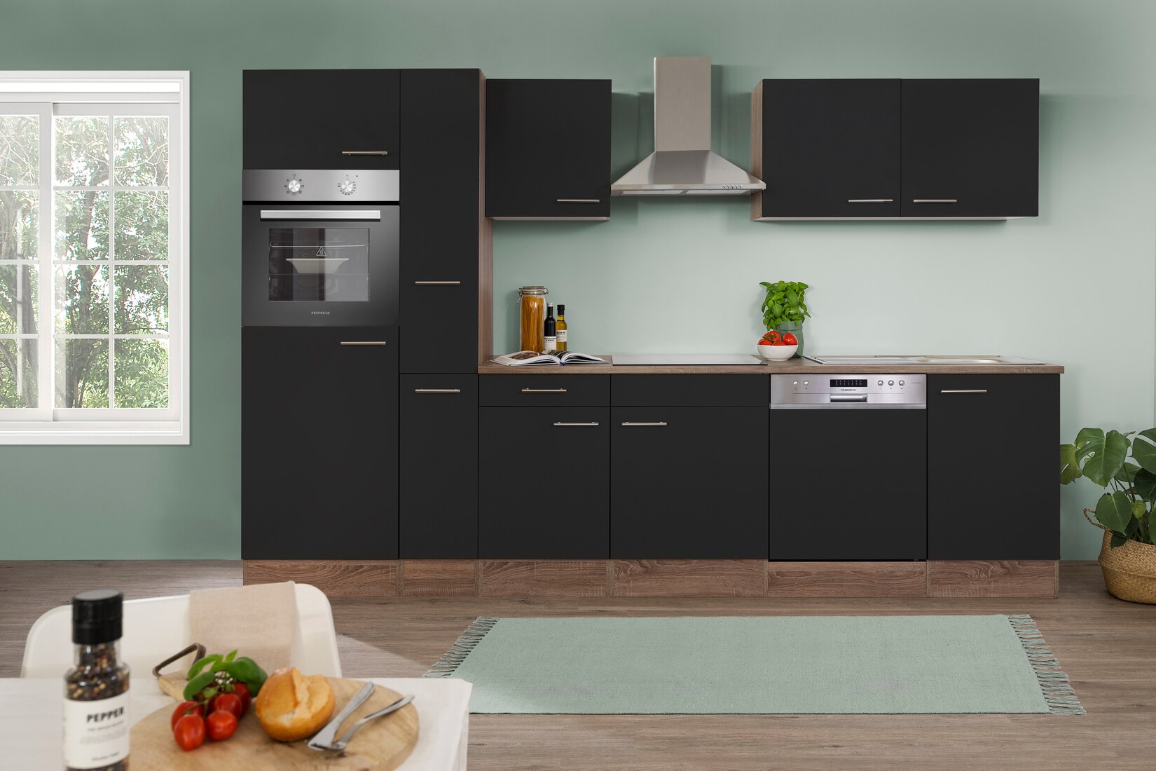 Respekta Küchenprogramm Eiche York Küchenzeile 310 cm inkl. E-Geräte & Mineralite Einbauspüle, schwarz | 04260515339675