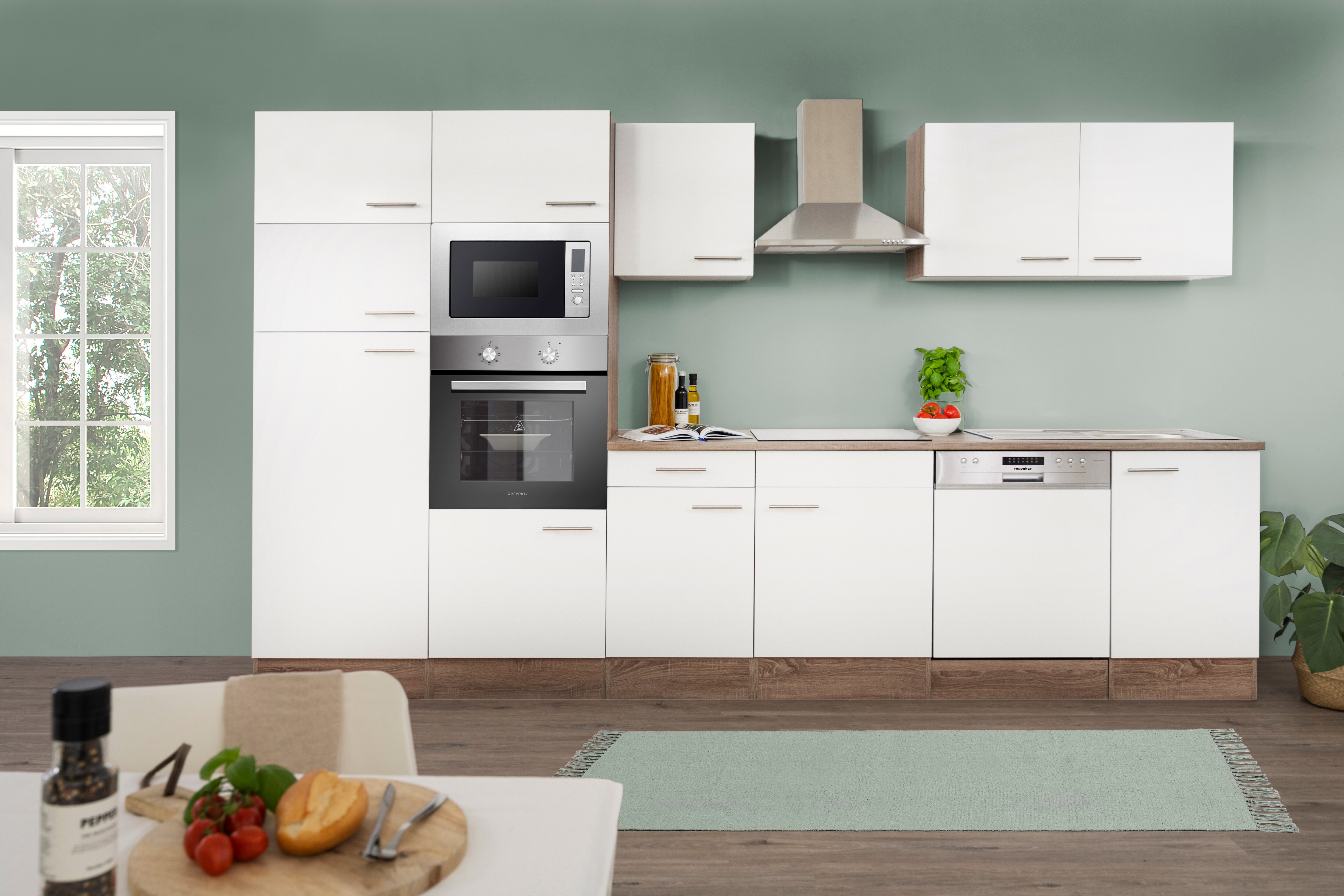 Respekta K&uuml;chenprogramm Eiche York K&uuml;chenzeile 340 cm inkl. E-Ger&auml;te & Mineralite Einbausp&uuml;le, wei&szlig; - Bild 1