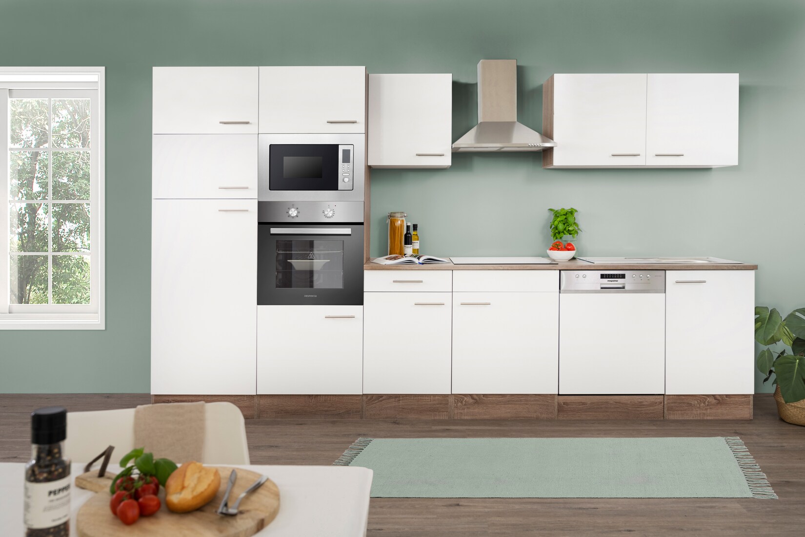 Respekta Küchenprogramm Eiche York Küchenzeile 340 cm inkl. E-Geräte & Mineralite Einbauspüle, weiß | 04260515339729