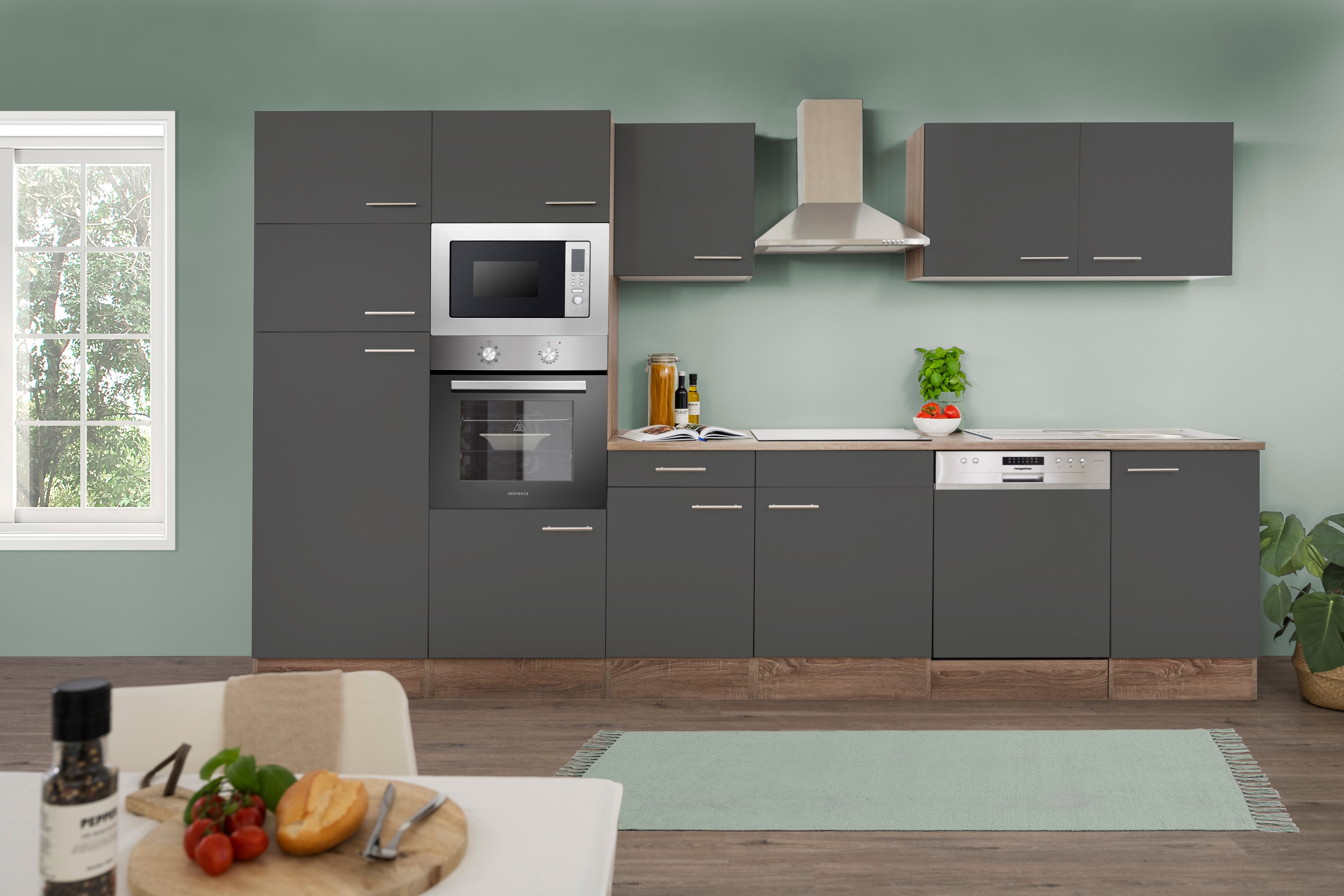 Respekta K&uuml;chenprogramm Eiche York K&uuml;chenzeile 340 cm inkl. E-Ger&auml;te & Mineralite Einbausp&uuml;le, grau - Bild 1