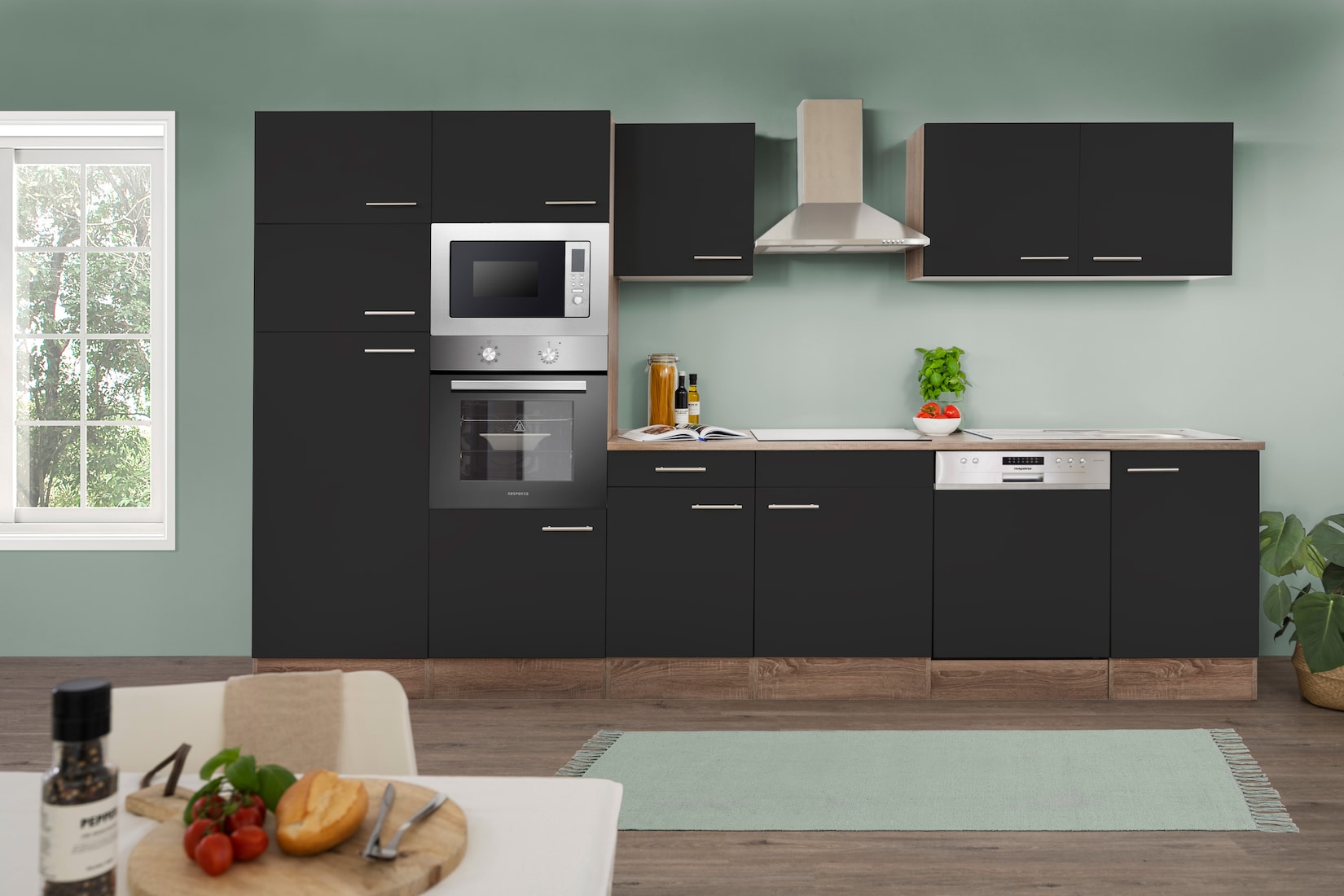 Respekta Küchenprogramm Eiche York Küchenzeile 340 cm inkl. E-Geräte & Mineralite Einbauspüle, schwarz