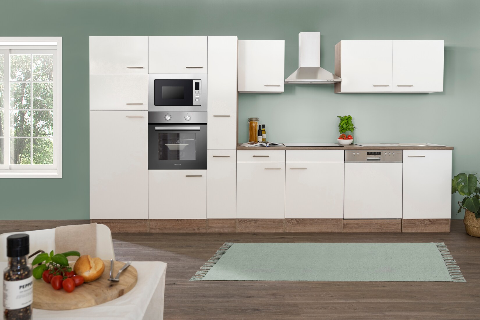 Respekta Küchenprogramm Eiche York Küchenzeile 370 cm inkl. E-Geräte & Mineralite Einbauspüle, weiß | 04260515339767