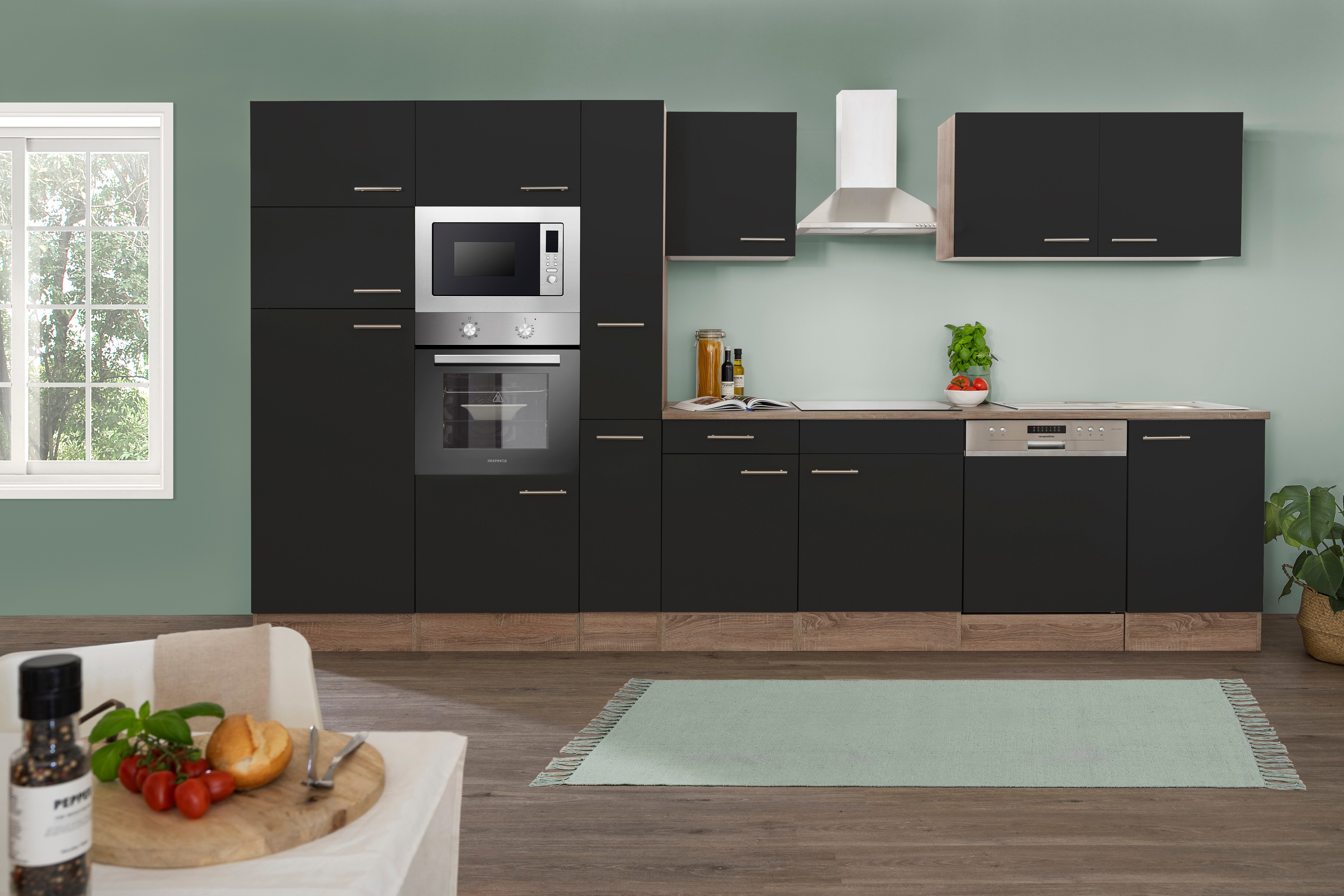 Respekta K&uuml;chenprogramm Eiche York K&uuml;chenzeile 370 cm inkl. E-Ger&auml;te & Mineralite Einbausp&uuml;le, schwarz - Bild 1