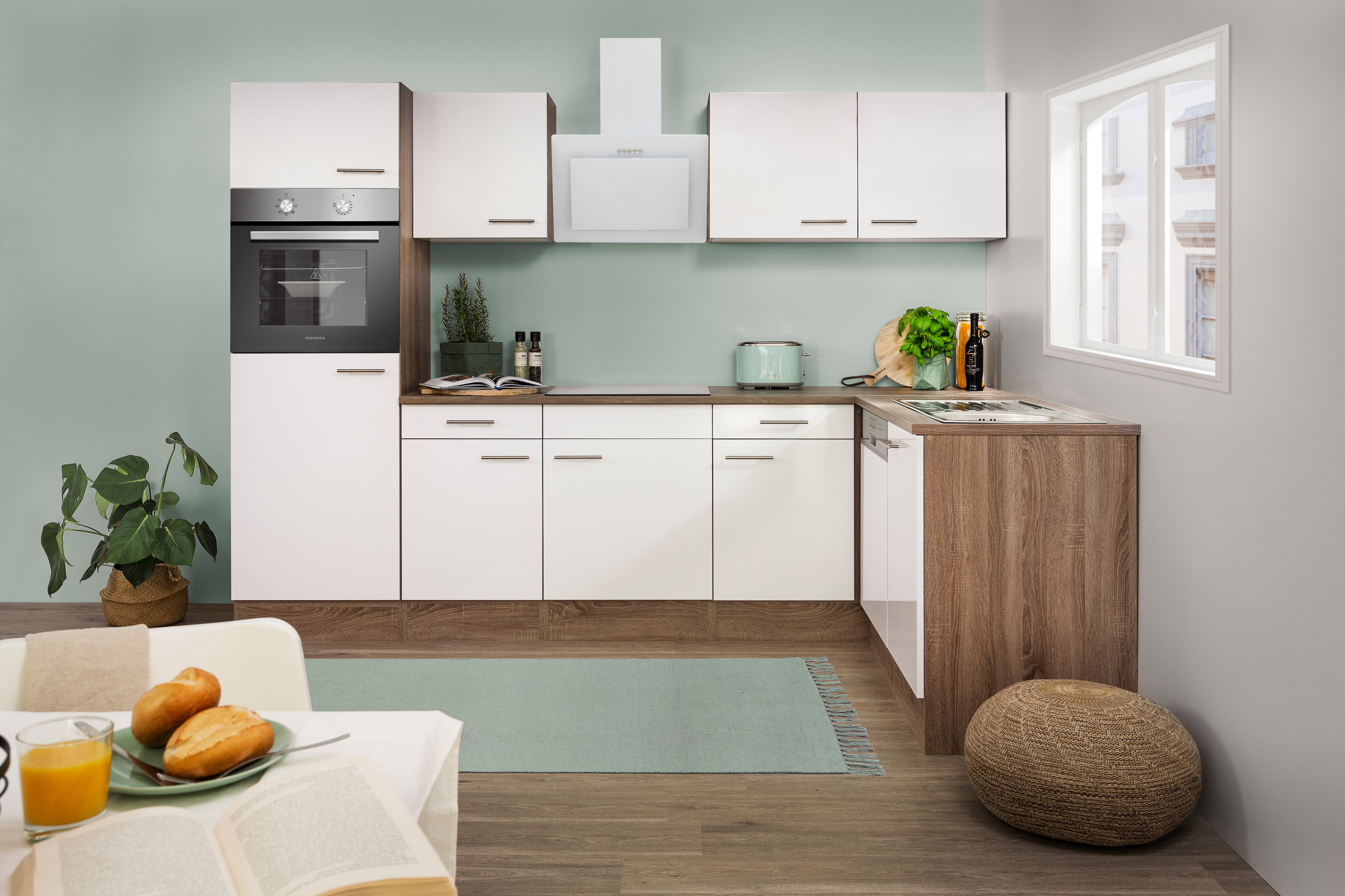 Respekta K&uuml;chenprogramm Eiche York Winkelk&uuml;che 280 cm inkl. E-Ger&auml;te & Mineralite Einbausp&uuml;le, wei&szlig; - Bild 1