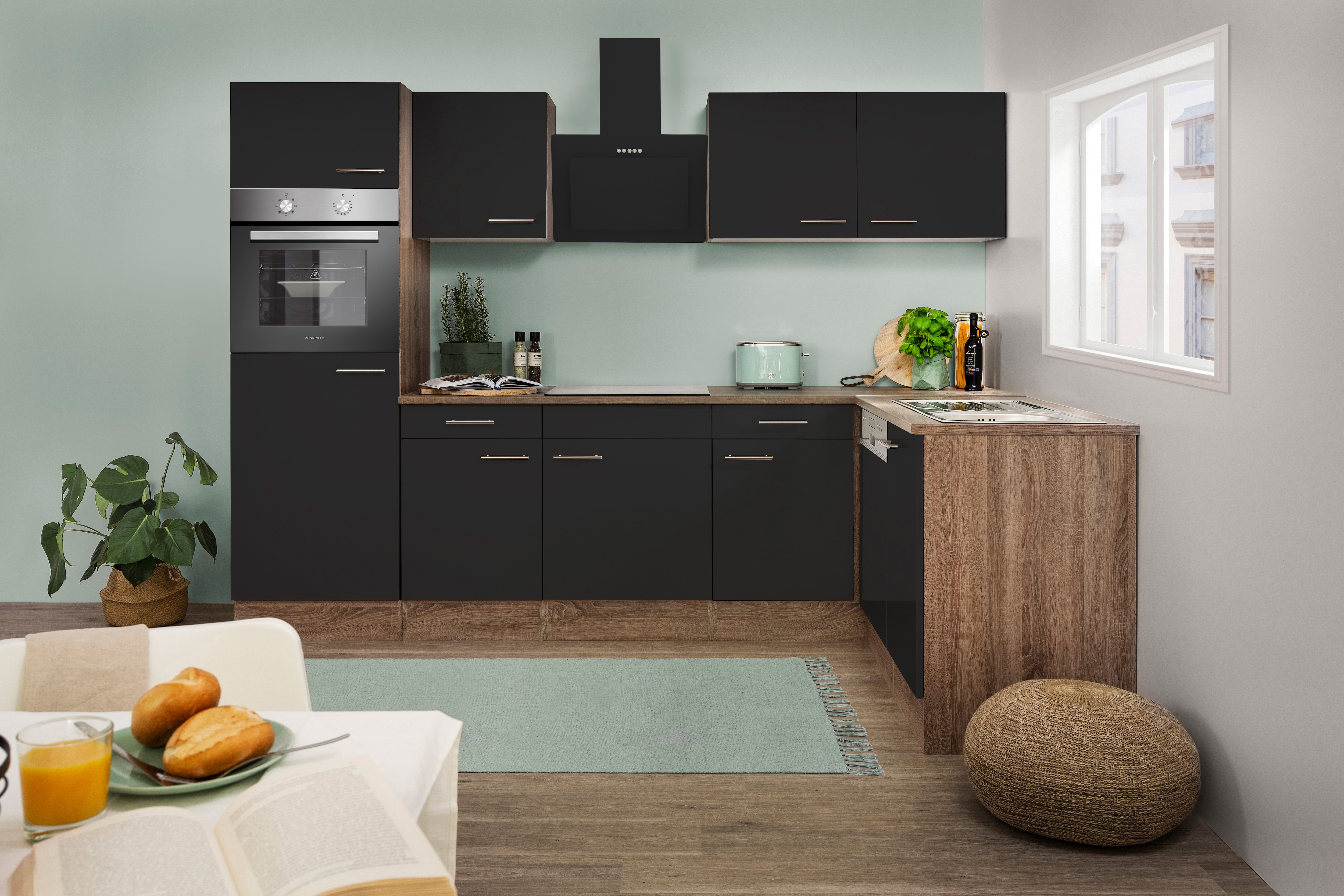 Respekta K&uuml;chenprogramm Eiche York Winkelk&uuml;che 280 cm inkl. E-Ger&auml;te & Mineralite Einbausp&uuml;le, schwarz - Bild 1