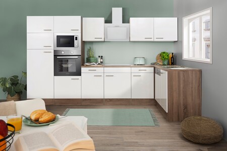Respekta Küchenprogramm Eiche & weiß Winkelküche bei Einbauspüle, Netto inkl. 340 E-Geräte York kaufen online Mineralite cm