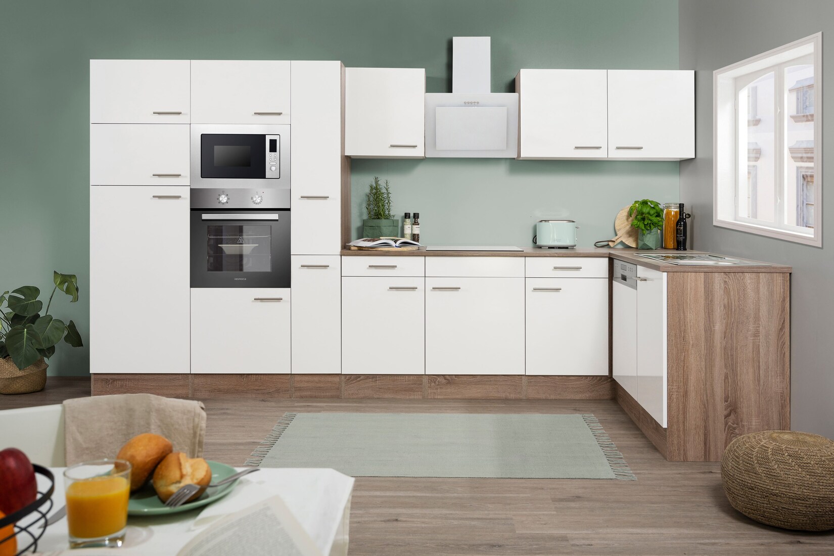 Respekta Küchenprogramm Eiche York Winkelküche 370 cm inkl. E-Geräte & Mineralite Einbauspüle, weiß | 04260515339927