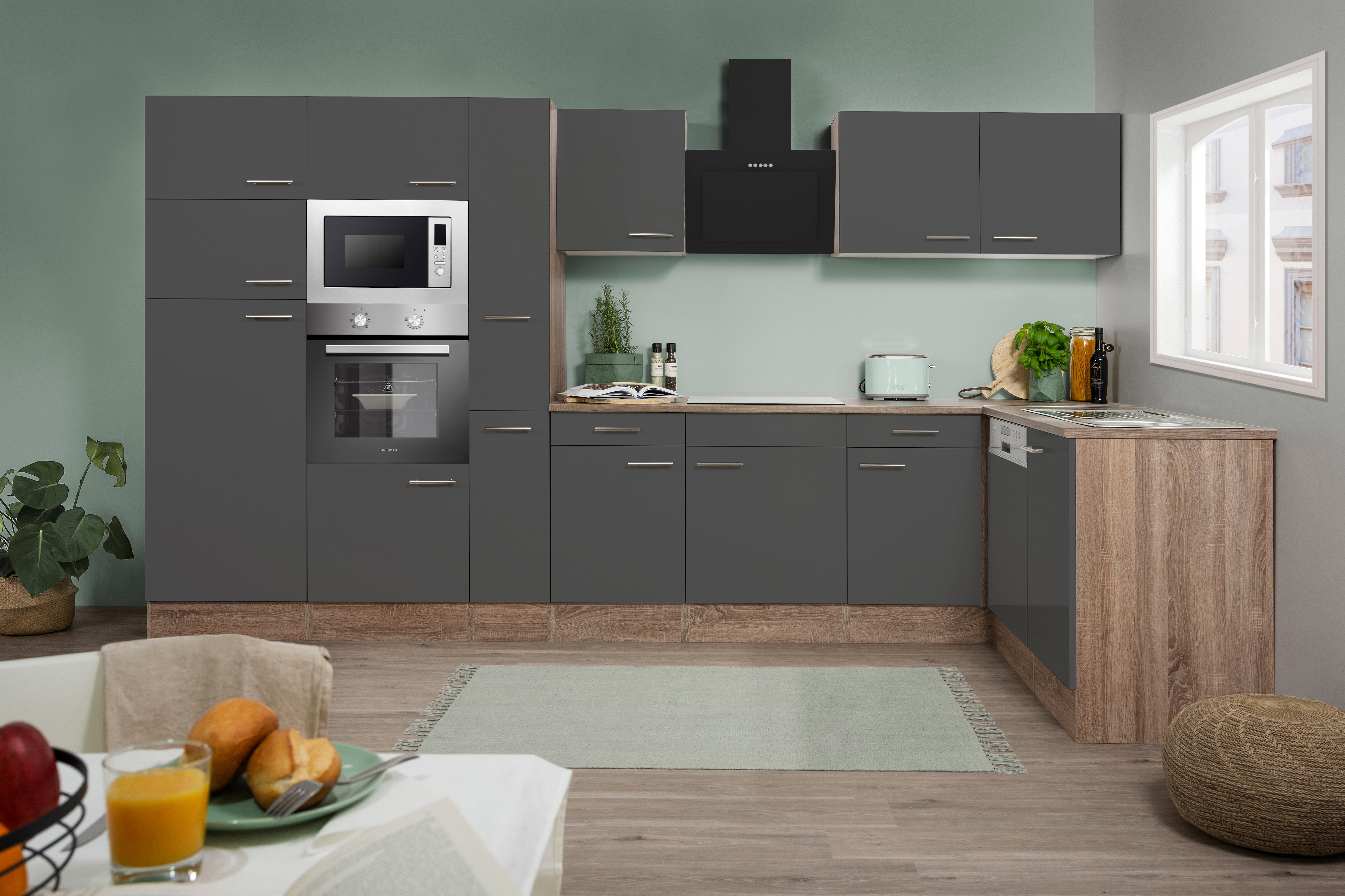 Respekta K&uuml;chenprogramm Eiche York Winkelk&uuml;che 370 cm inkl. E-Ger&auml;te & Mineralite Einbausp&uuml;le, grau - Bild 1