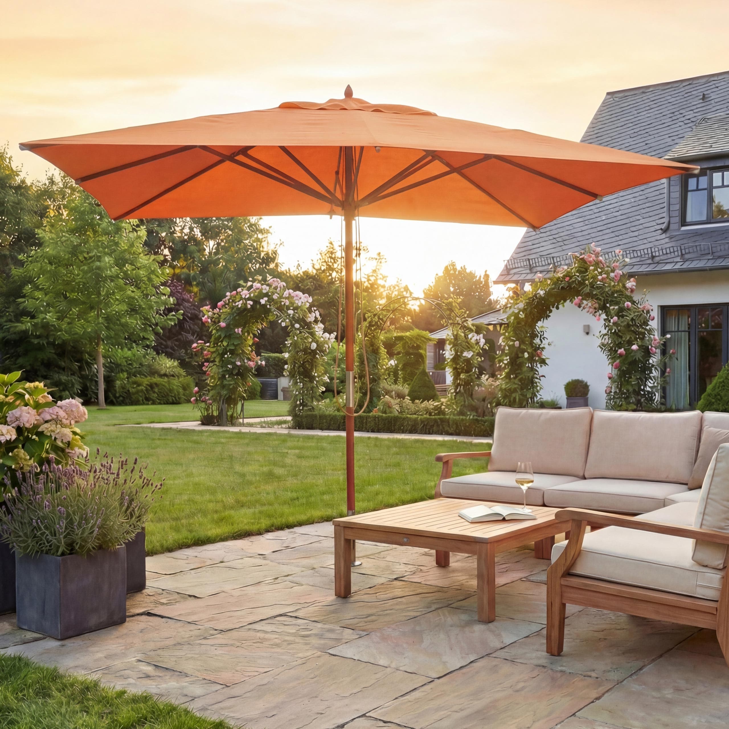 Gastronomie Holz-Sonnenschirm MCW-C57, Gartenschirm, Polyester/Holz 28kg, eckig 4x4m Seilzug sto&szlig;sicher ~ terracotta - Bild 1