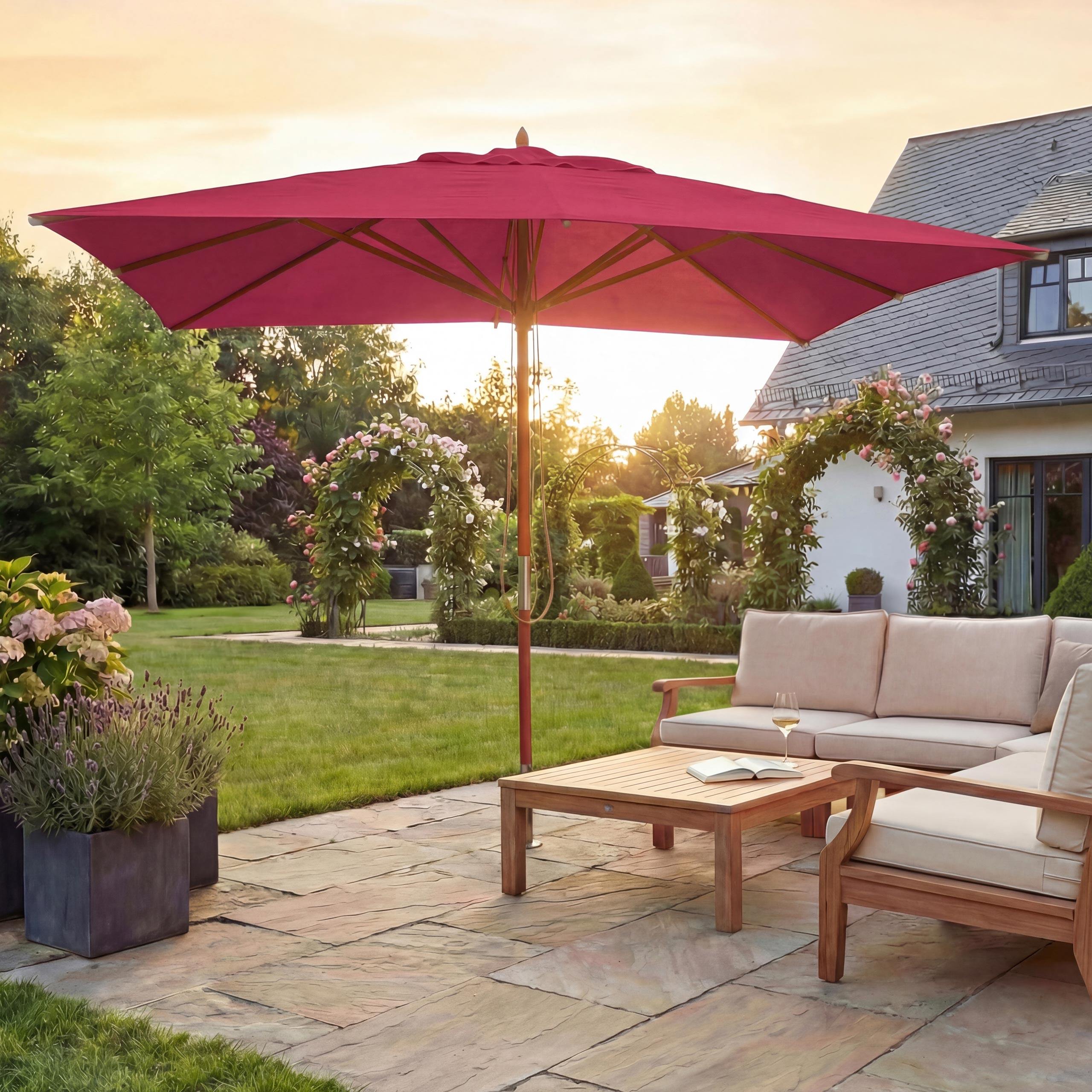 Gastronomie Holz-Sonnenschirm MCW-C57, Gartenschirm, Polyester/Holz 28kg, eckig 4x4m Seilzug sto&szlig;sicher ~ bordeaux - Bild 1