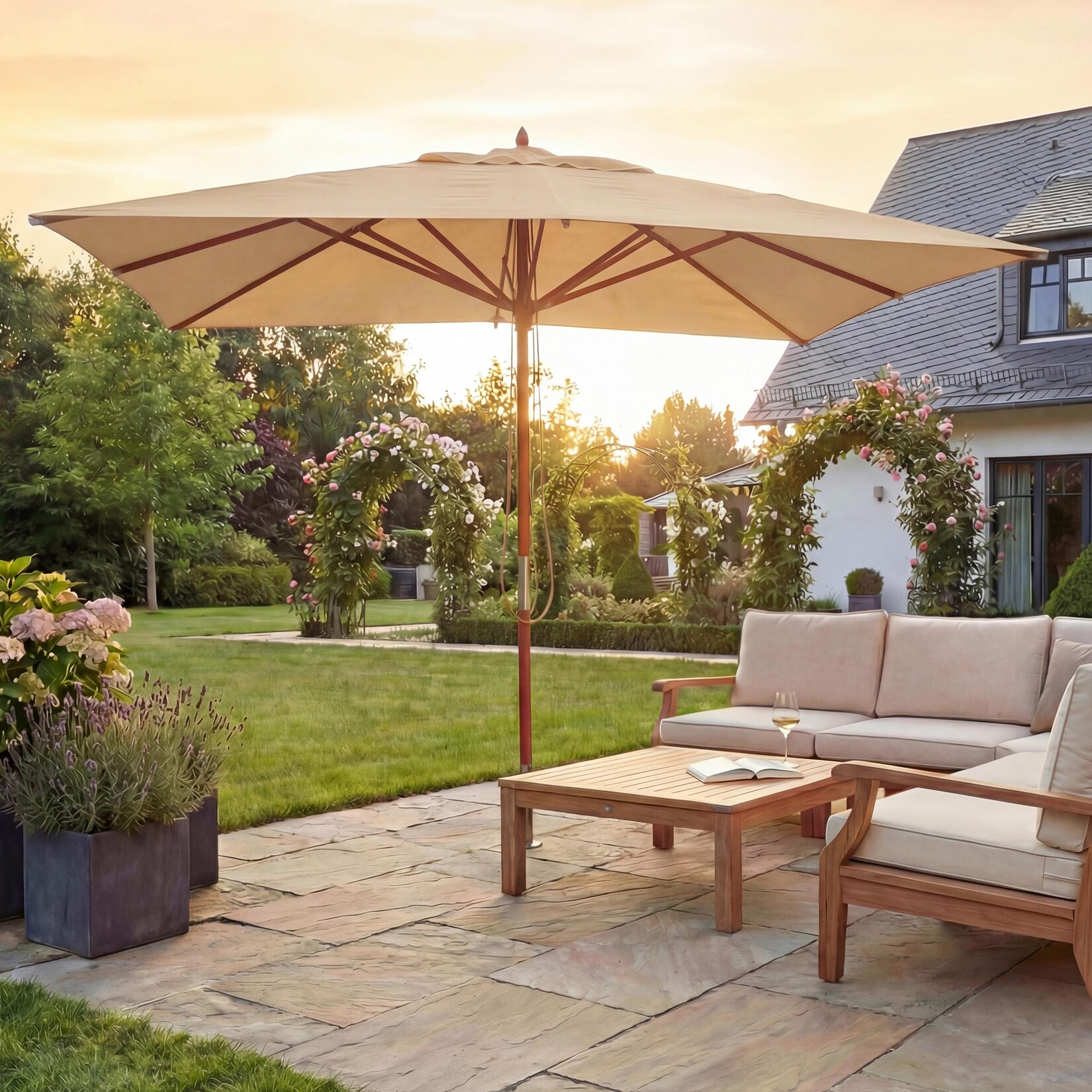 Gastronomie Holz-Sonnenschirm MCW-C57, Gartenschirm, Polyester/Holz 28kg, eckig 4x4m Seilzug stoßsicher ~ creme | 04057651302904