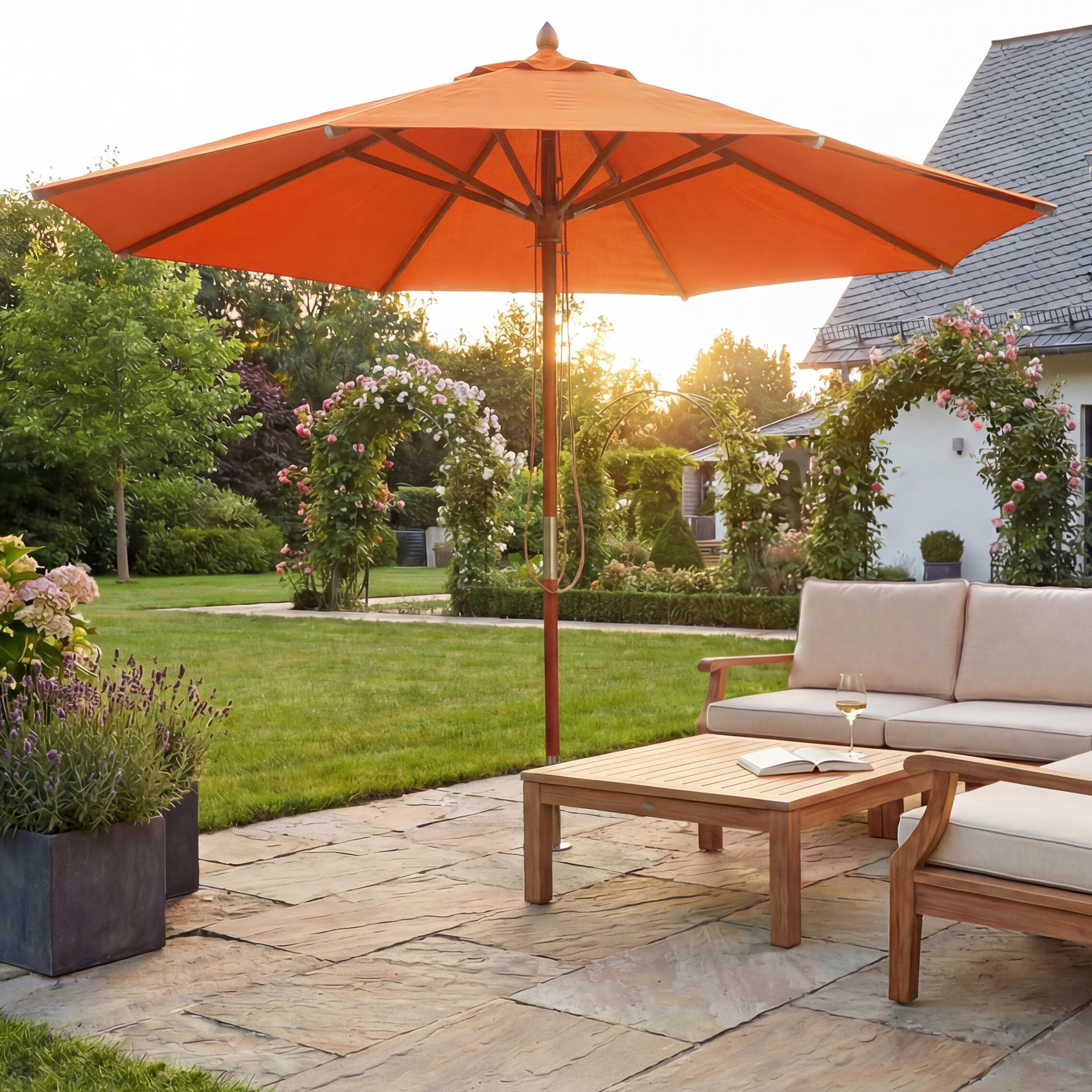 Gastronomie Holz-Sonnenschirm MCW-C57, Gartenschirm, Polyester/Holz 16kg, rund &Oslash;4m Seilzug sto&szlig;sicher ~ terracotta - Bild 1