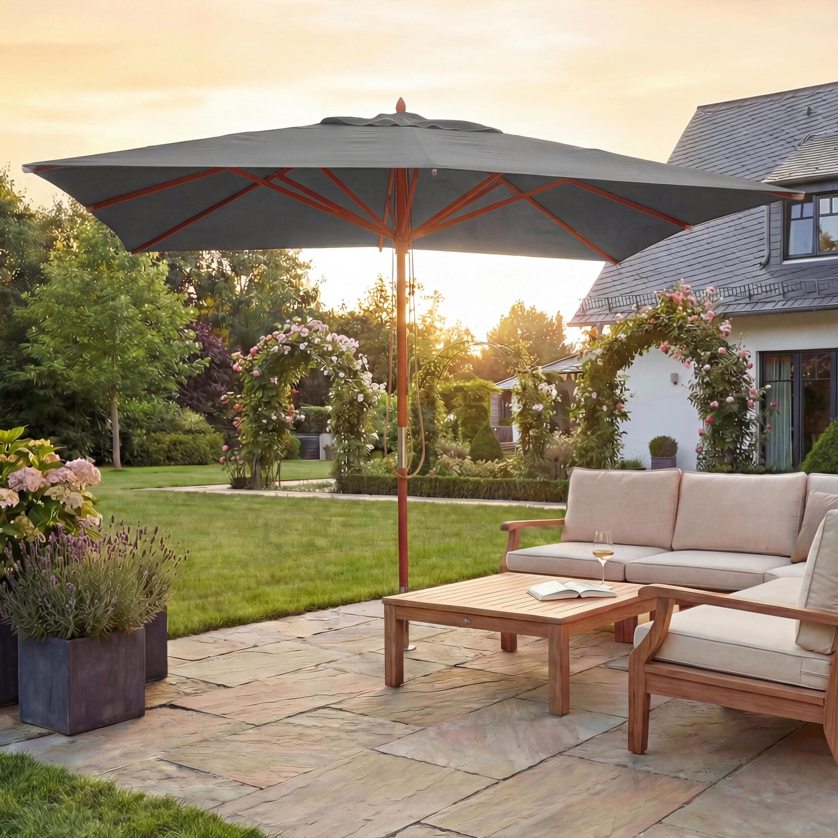 Gastronomie Holz-Sonnenschirm MCW-C57, Gartenschirm, Polyester/Holz 14kg, eckig 3x3m Seilzug stoßsicher ~ anthrazit