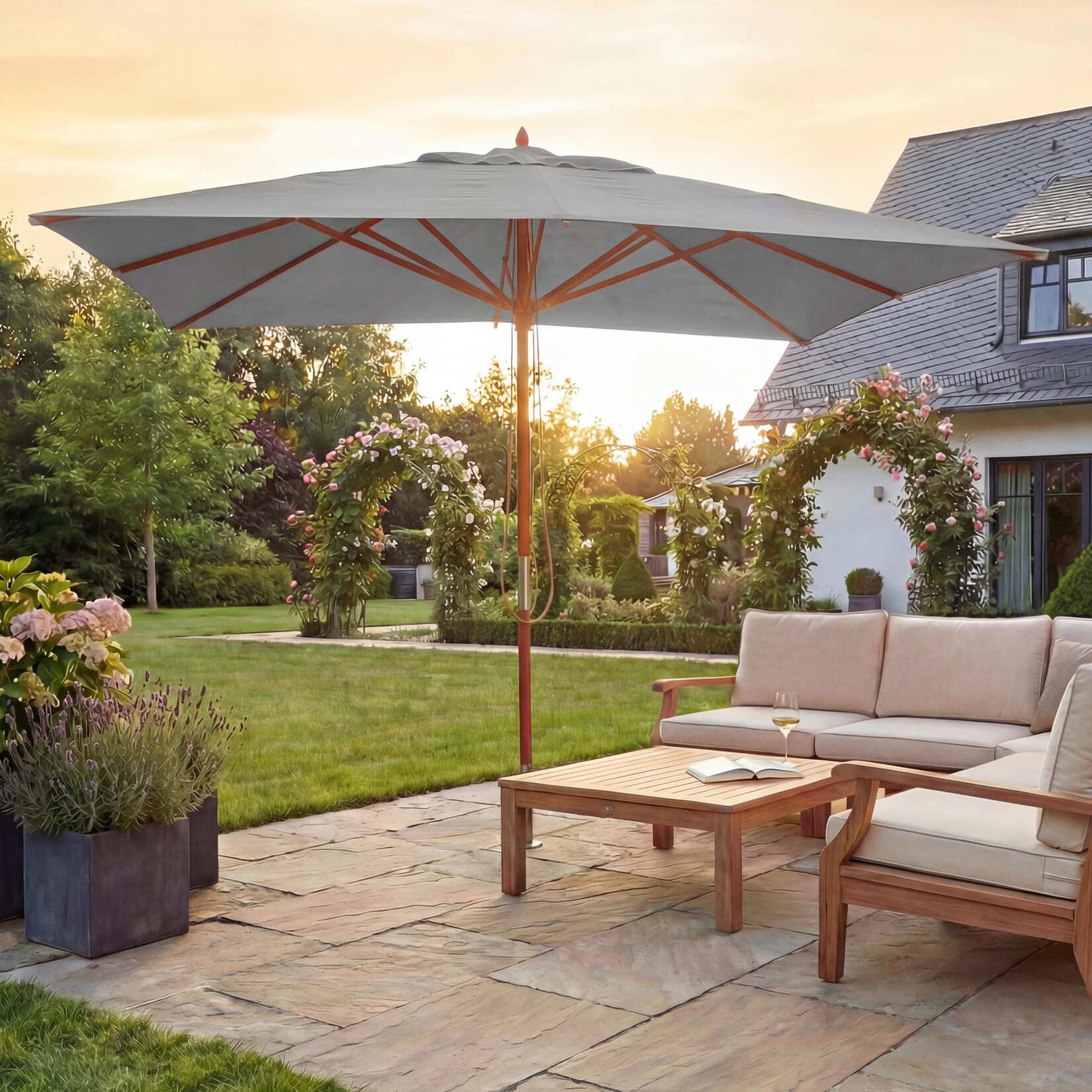 Gastronomie Holz-Sonnenschirm MCW-C57, Gartenschirm, Polyester/Holz 14kg, eckig 3x3m Seilzug stoßsicher ~ hellgrau