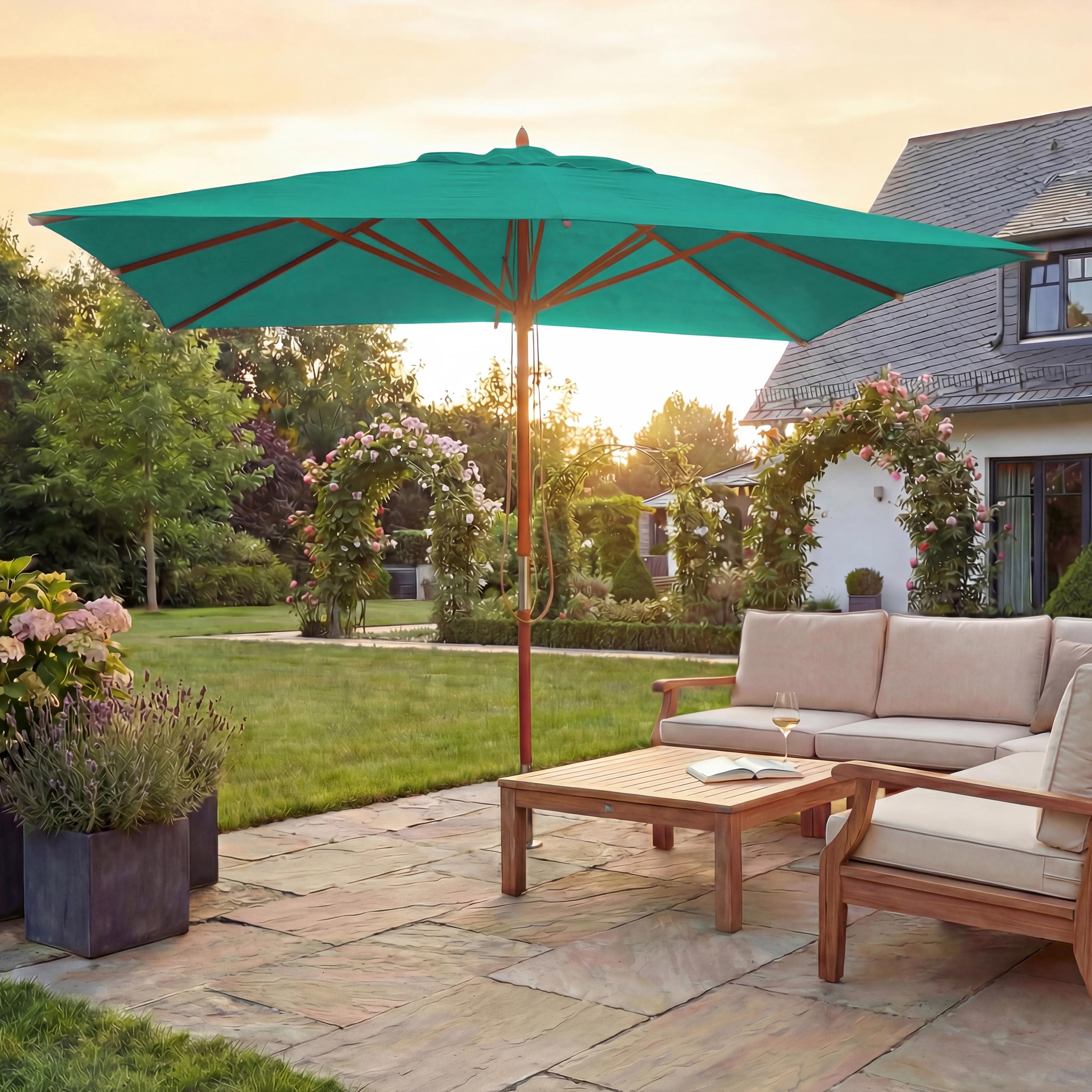 Gastronomie Holz-Sonnenschirm MCW-C57, Gartenschirm, Polyester/Holz 14kg, eckig 3x3m Seilzug sto&szlig;sicher ~ blau-gr&uuml;n - Bild 1