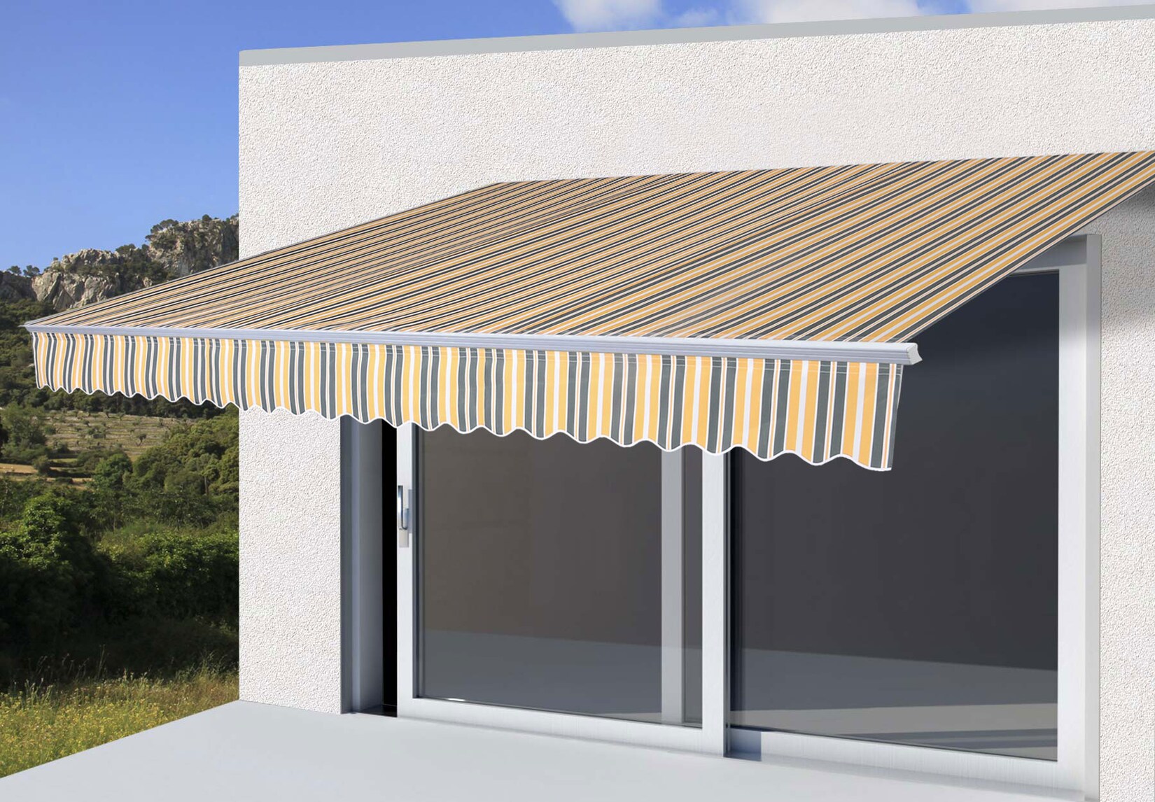 Alu-Markise MCW-E49, Gelenkarmmarkise Sonnenschutz 2,5x2m ~ Polyester grau-gelb gestreift | 04057651510996