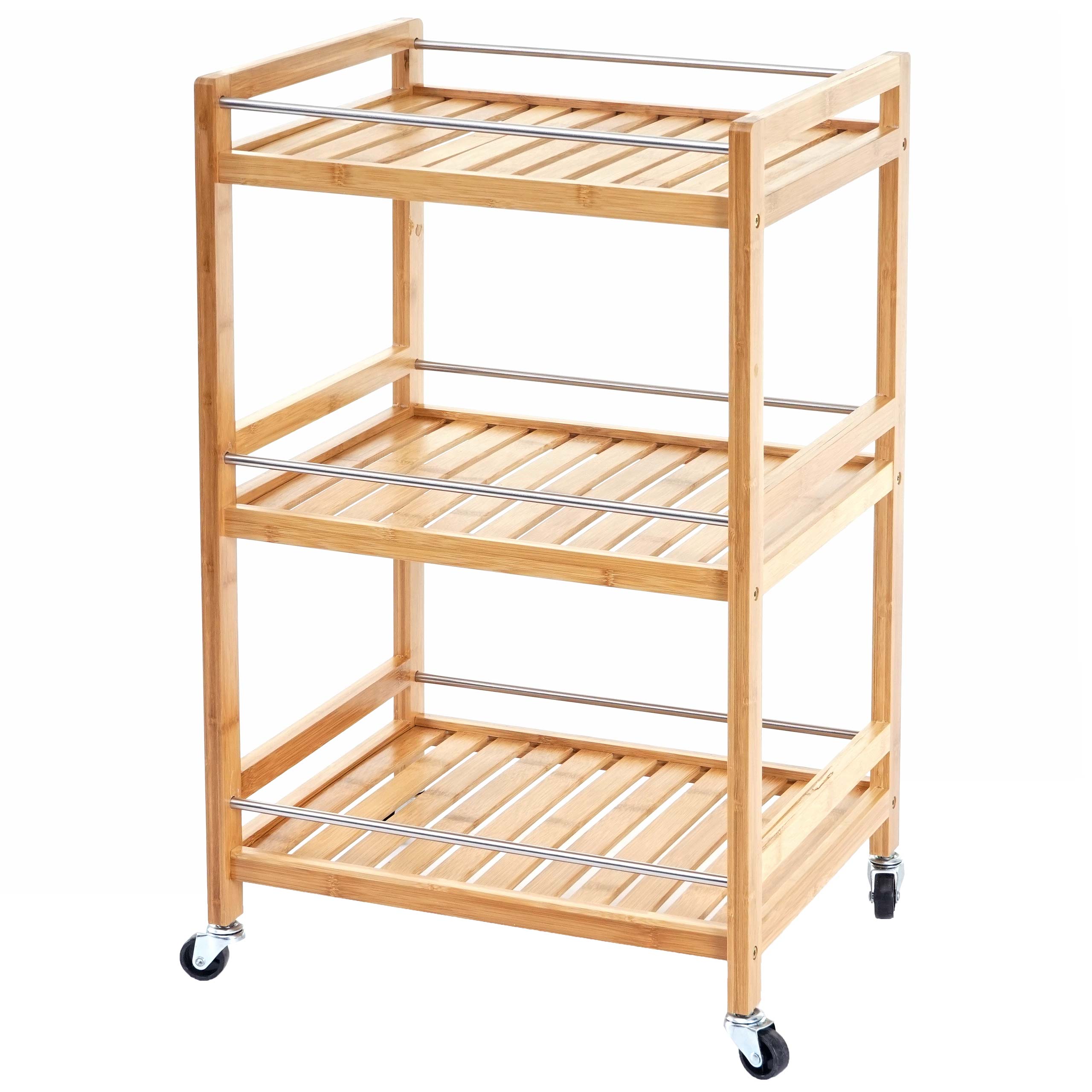 Rollwagen MCW-D91, Rollregal Allzweckwagen B&uuml;cherregal, 3 Ebenen Bambus 76x46x38cm - Bild 1
