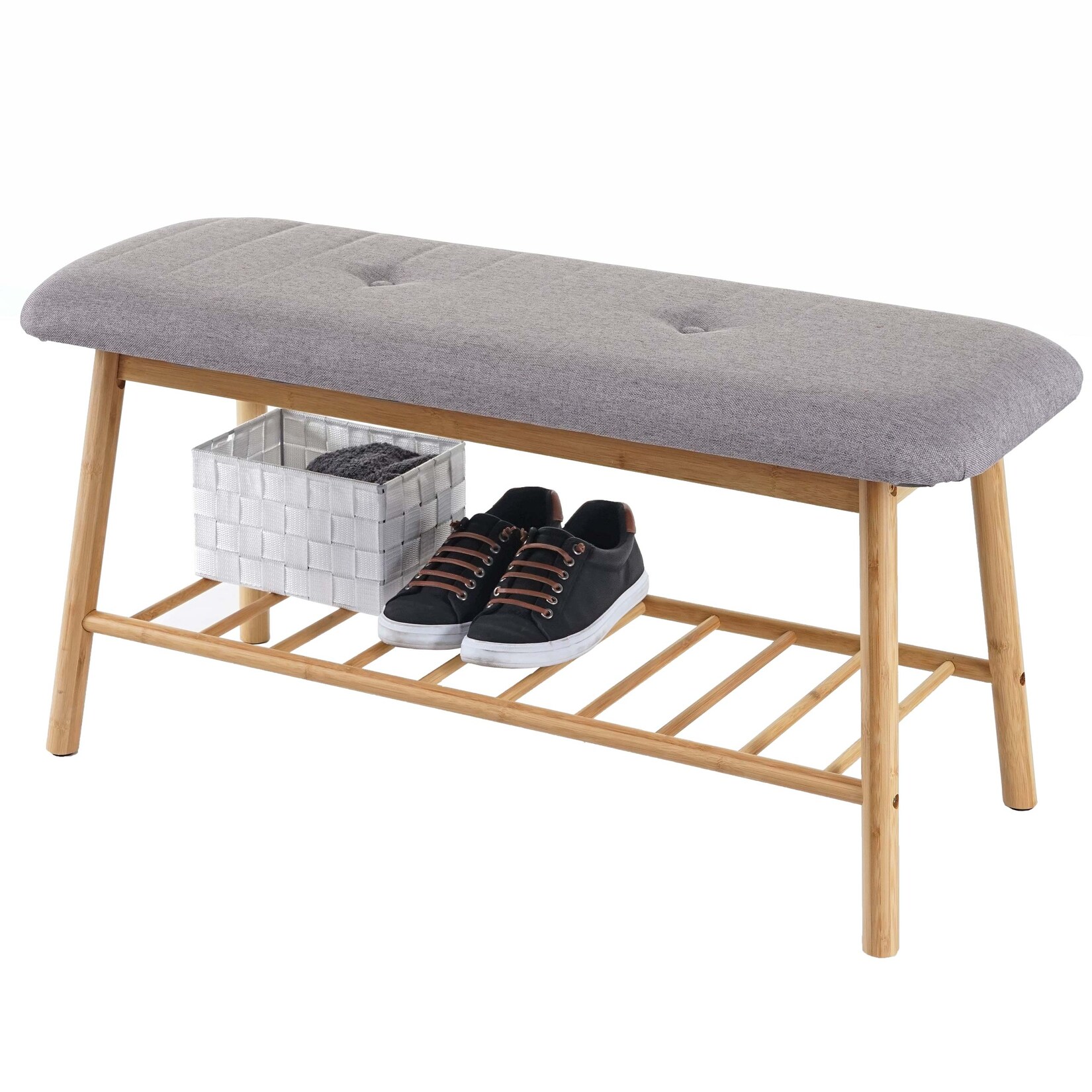 Sitzbank Schuhregal MCW-D90, Polsterbank Bank Schuhablage, Bambus 44x90x34cm | 04057651294957