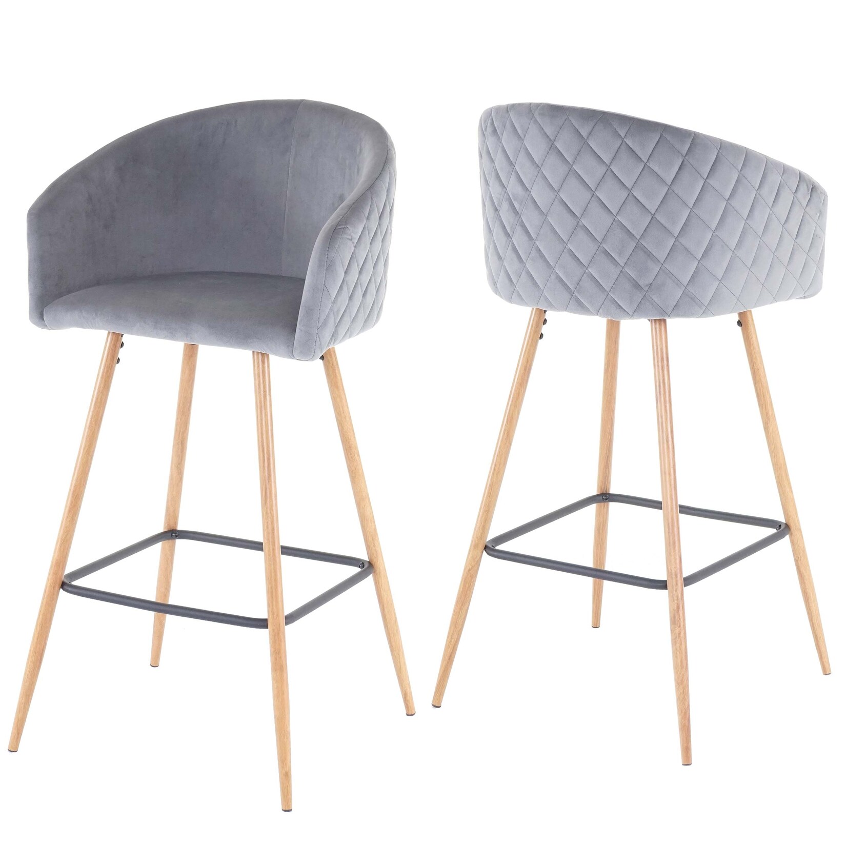 2er-Set Barhocker MCW-D72, Barstuhl Tresenhocker Küchenhocker mit Lehne, Metall Holzoptik ~ Samt, grau