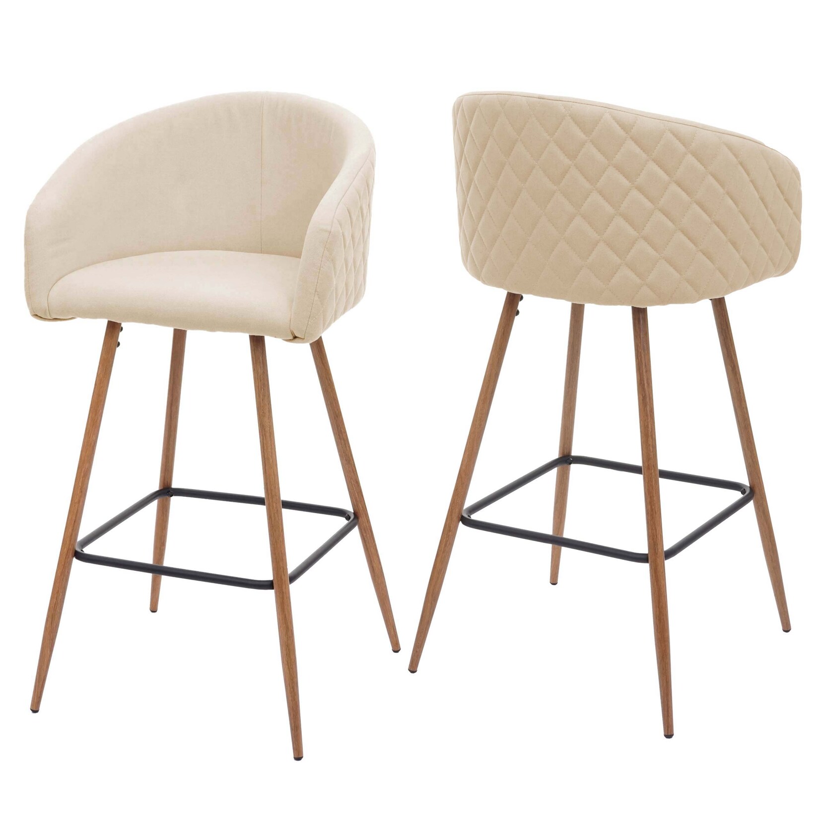 2er-Set Barhocker MCW-D72, Barstuhl Tresenhocker Küchenhocker mit Lehne, Metall Holzoptik ~ Stoff/Textil, creme-beige