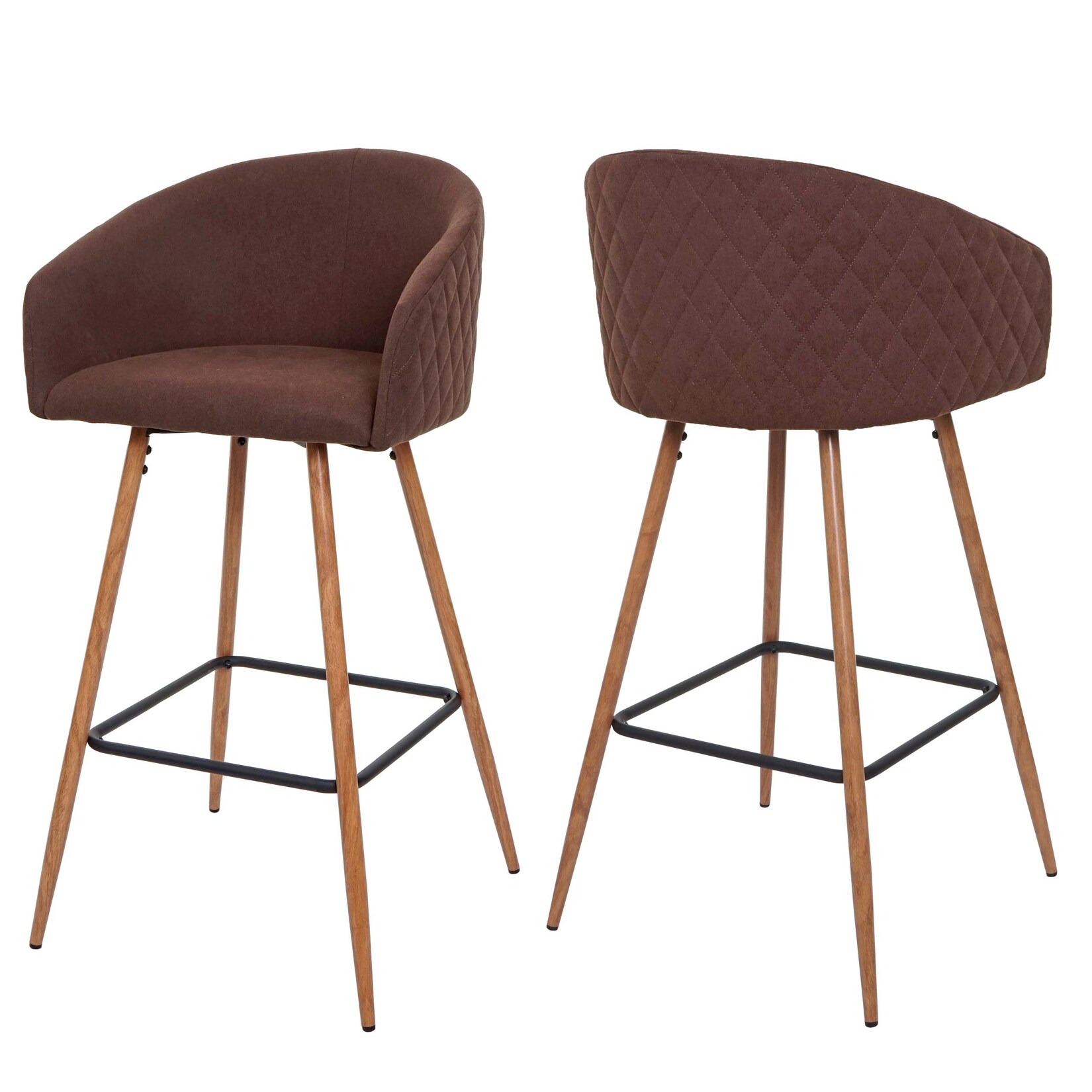2er-Set Barhocker MCW-D72, Barstuhl Tresenhocker Küchenhocker mit Lehne, Holzoptik ~ Stoff/Textil, braun