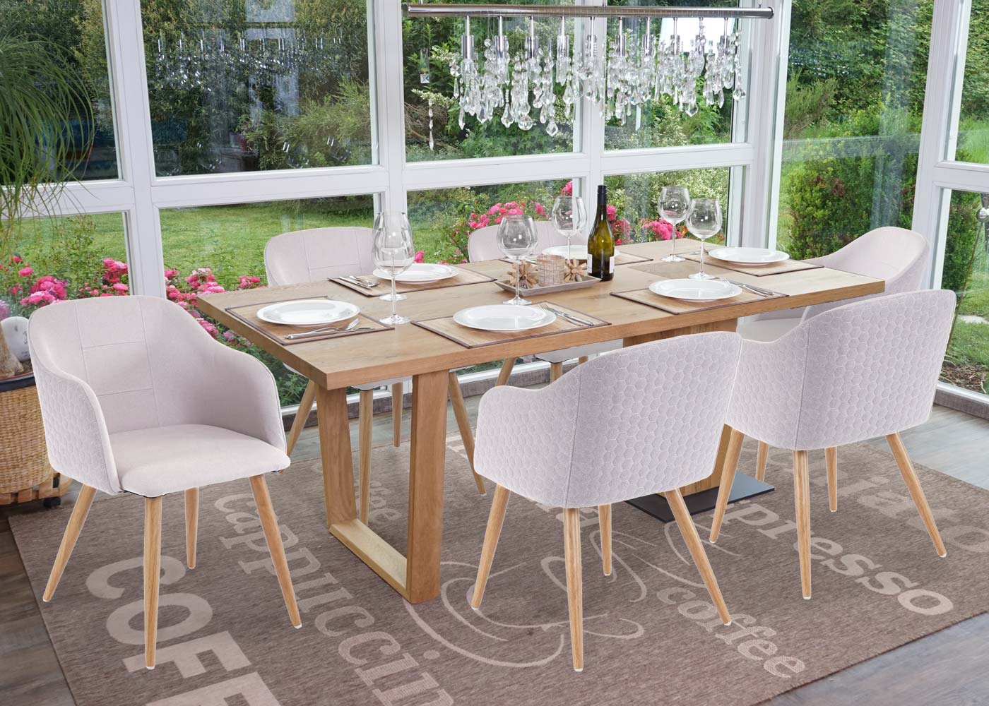 6er-Set Esszimmerstuhl MCW-D71, Stuhl K&uuml;chenstuhl, Retro Design, Armlehnen Stoff/Textil ~ hellgrau-grau - Bild 1