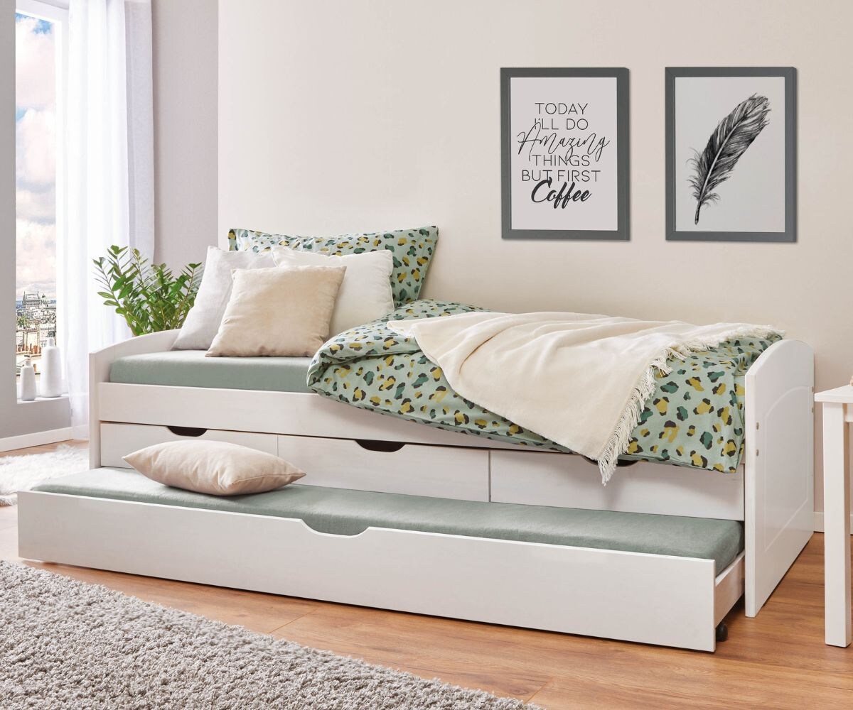 Inter Link Funktionsbett All-in-One 90x200 cm – Kiefer Massivholz - Weiß lackiert