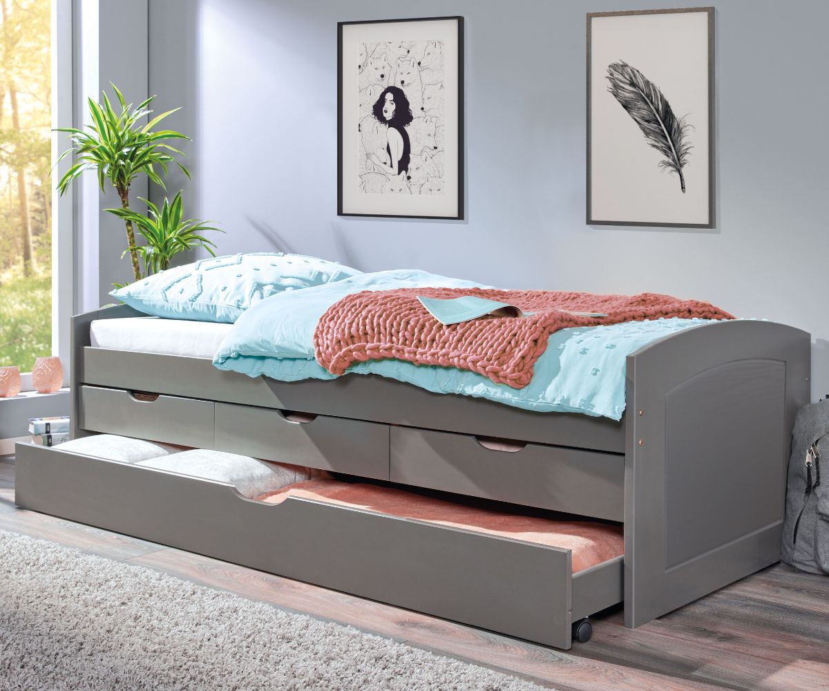 Inter Link Funktionsbett All-in-One 90x200 cm &ndash; Kiefer Massivholz - Grau lackiert - Bild 1