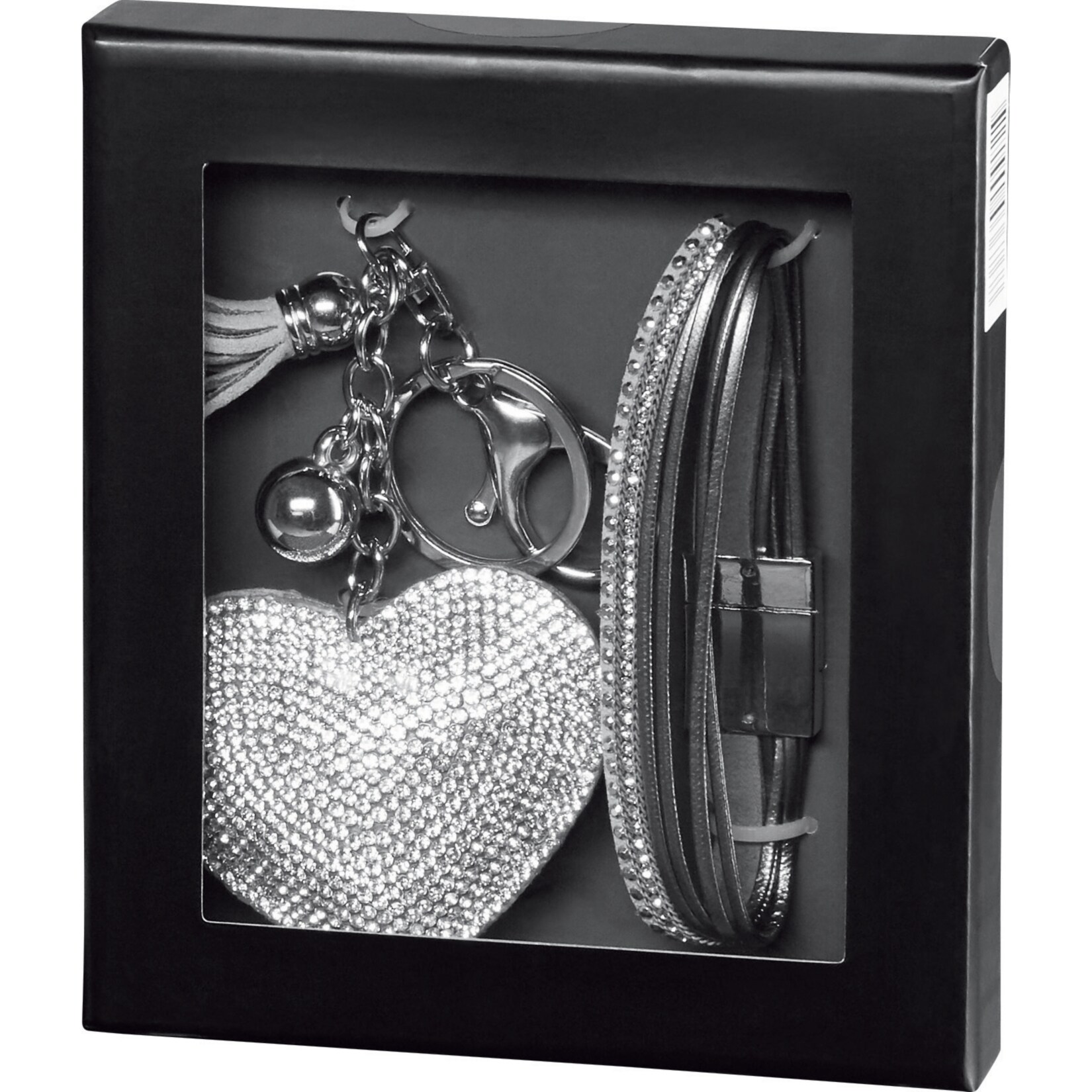 Damen Geschenkset - Schl&uuml;sselanh&auml;nger in Herzform, silber + Leder-Imitat-Armband mit Strasssteinen - Bild 1