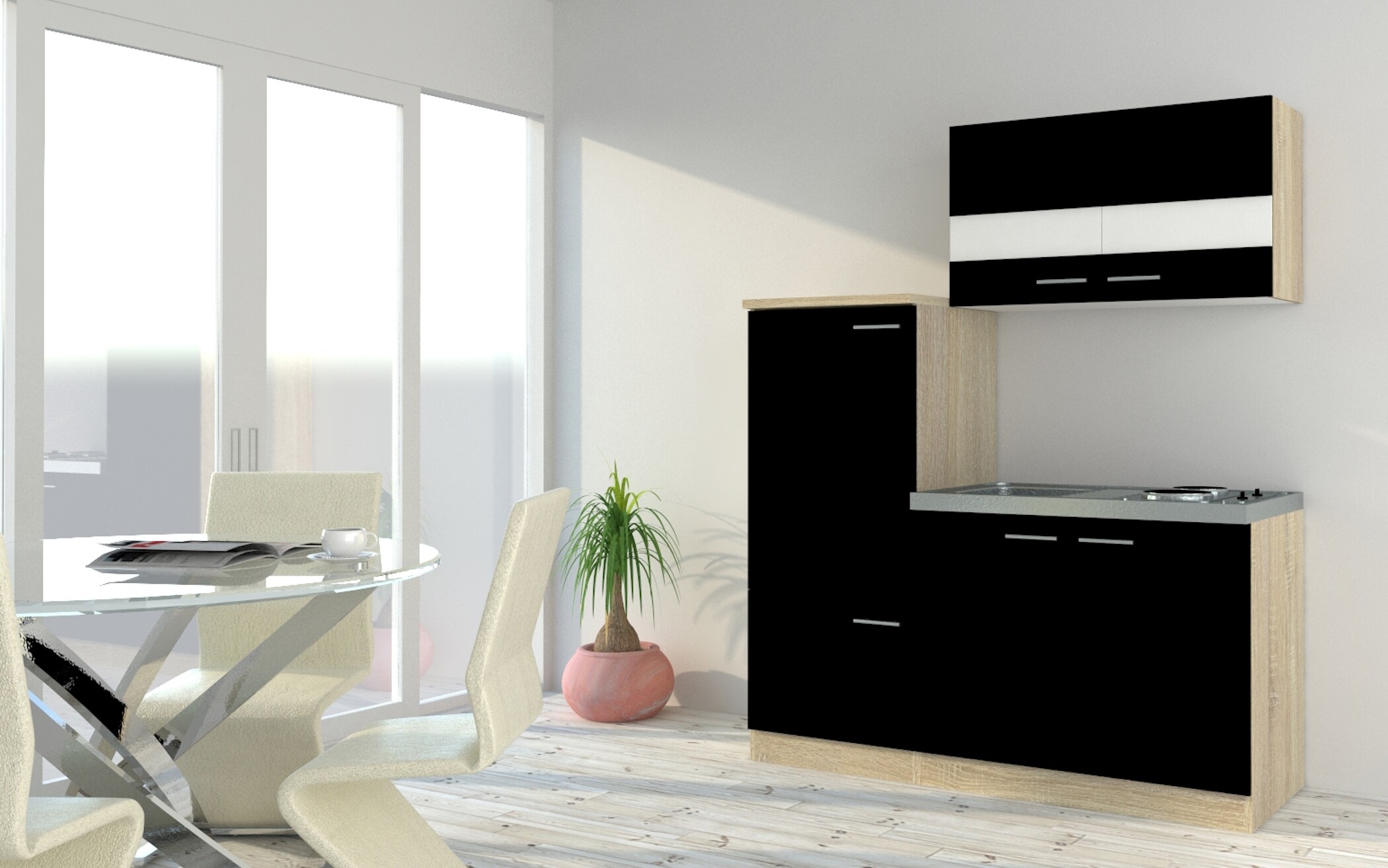 Respekta Economy Küchenzeile KB160ESS 160 cm, Schwarz mit Pantryauflage