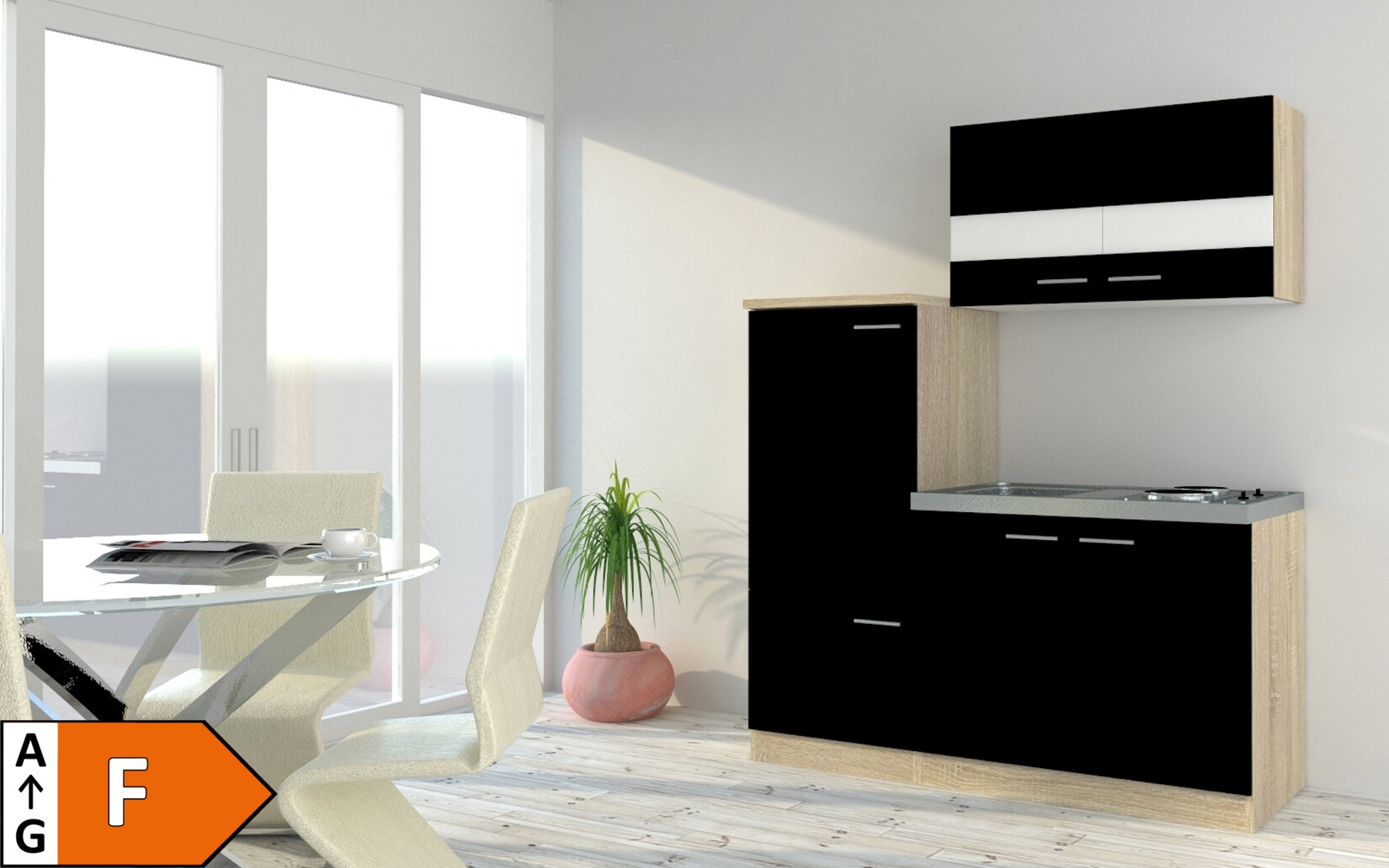 Respekta Economy Küchenzeile KB160ESS 160 cm, Schwarz mit Pantryauflage
