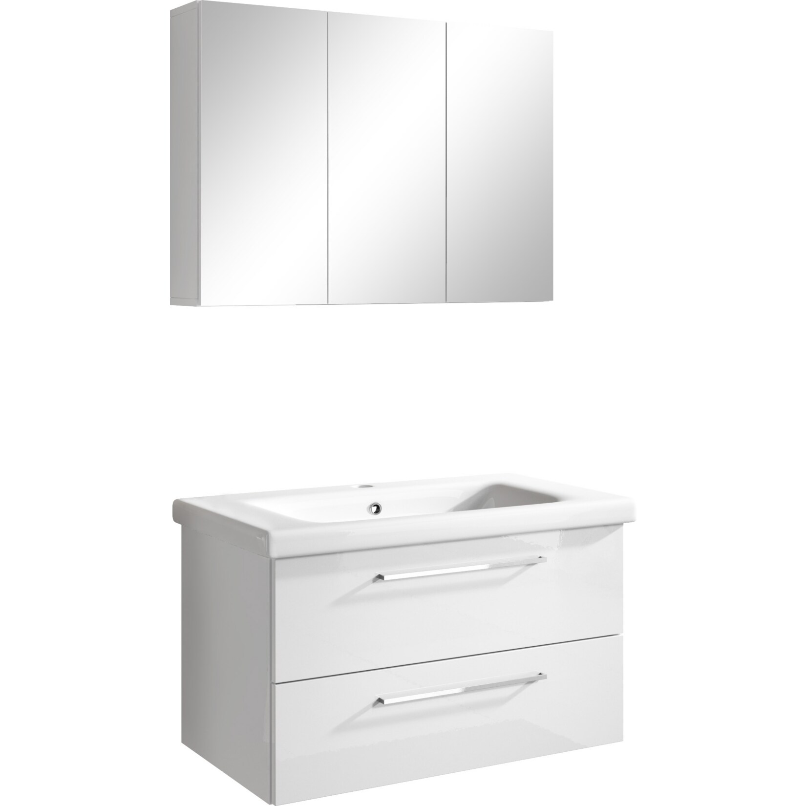 Inter Handels Badmöbel Set NEAPEL, 2 tlg. – Spiegelschrank Waschbeckenschrank 80 cm, Hochglanz Weiß | 04260465774083