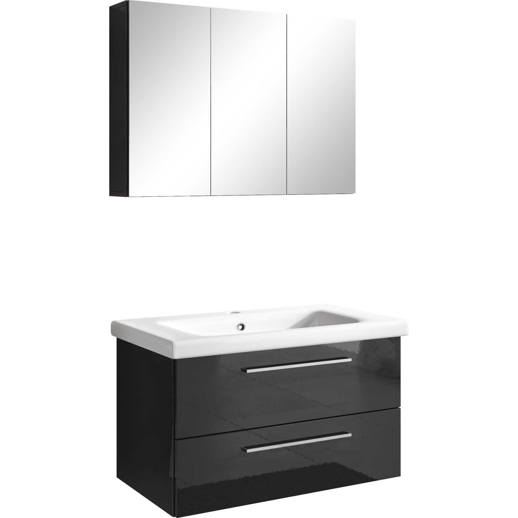 Inter Handels Badmöbel Set NEAPEL, 2 tlg. – Spiegelschrank Waschbeckenschrank 80 cm, Hochglanz Schwarz | 04260465774090