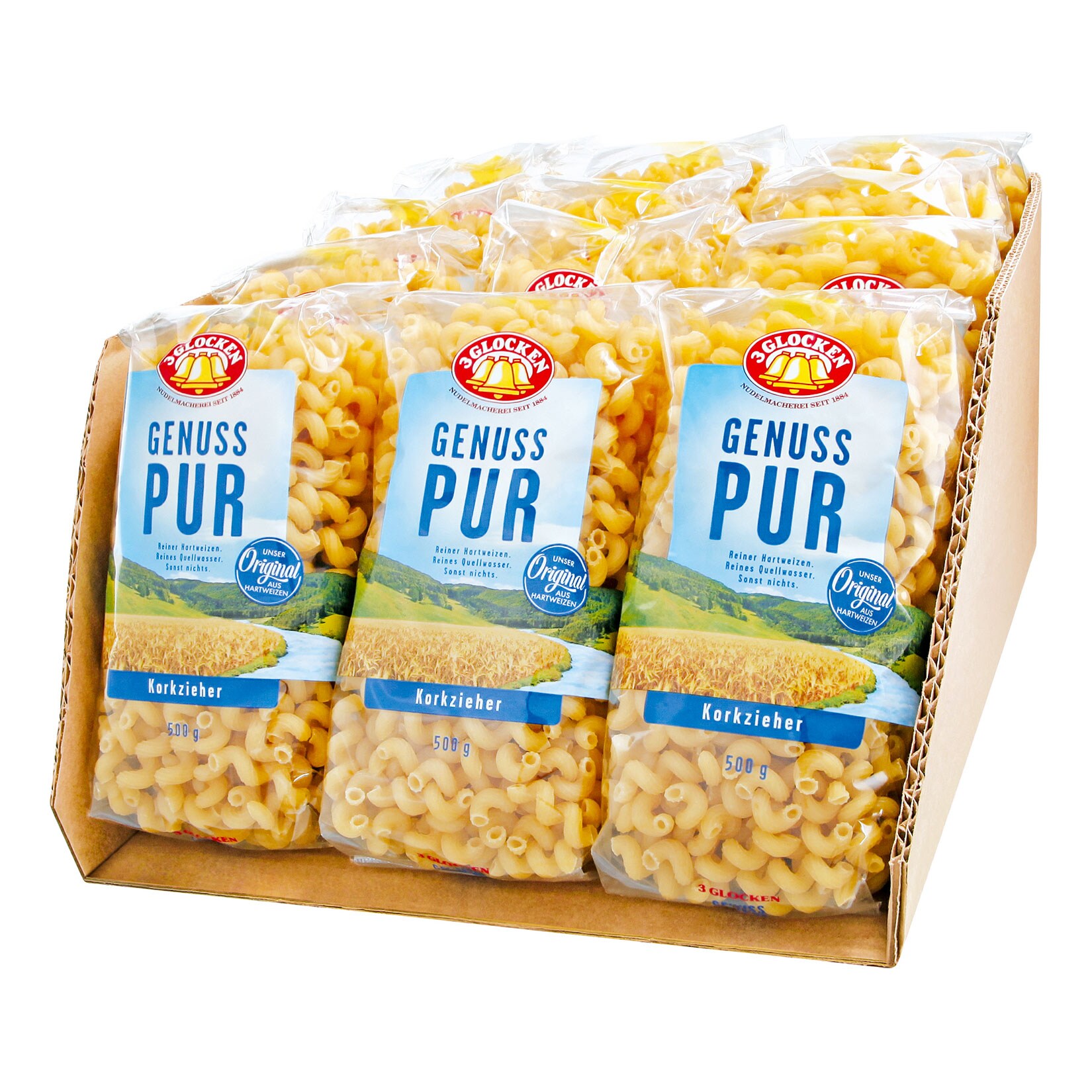 3 Glocken Genuss Pur Korkziehernudeln 500 g, 12er Pack | 04002966906132