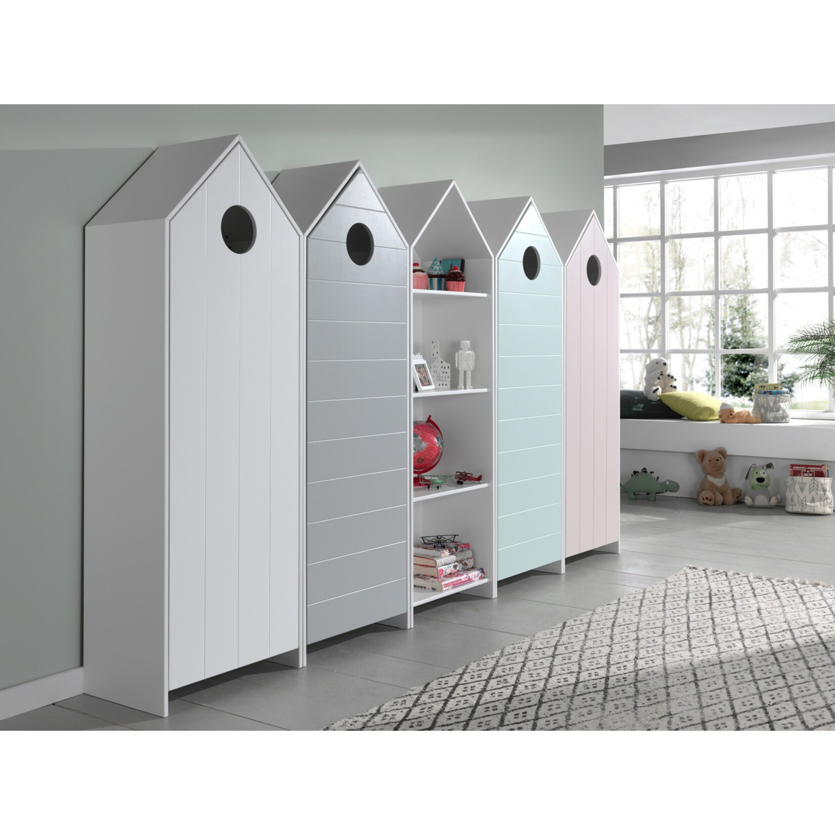 Vipack CASAMI Set 5-teilig – 1x Regalschrank, 4x Schrank 1-türig mit Fronten in Pink, Weiß, Grau und Mint | 05420070233248
