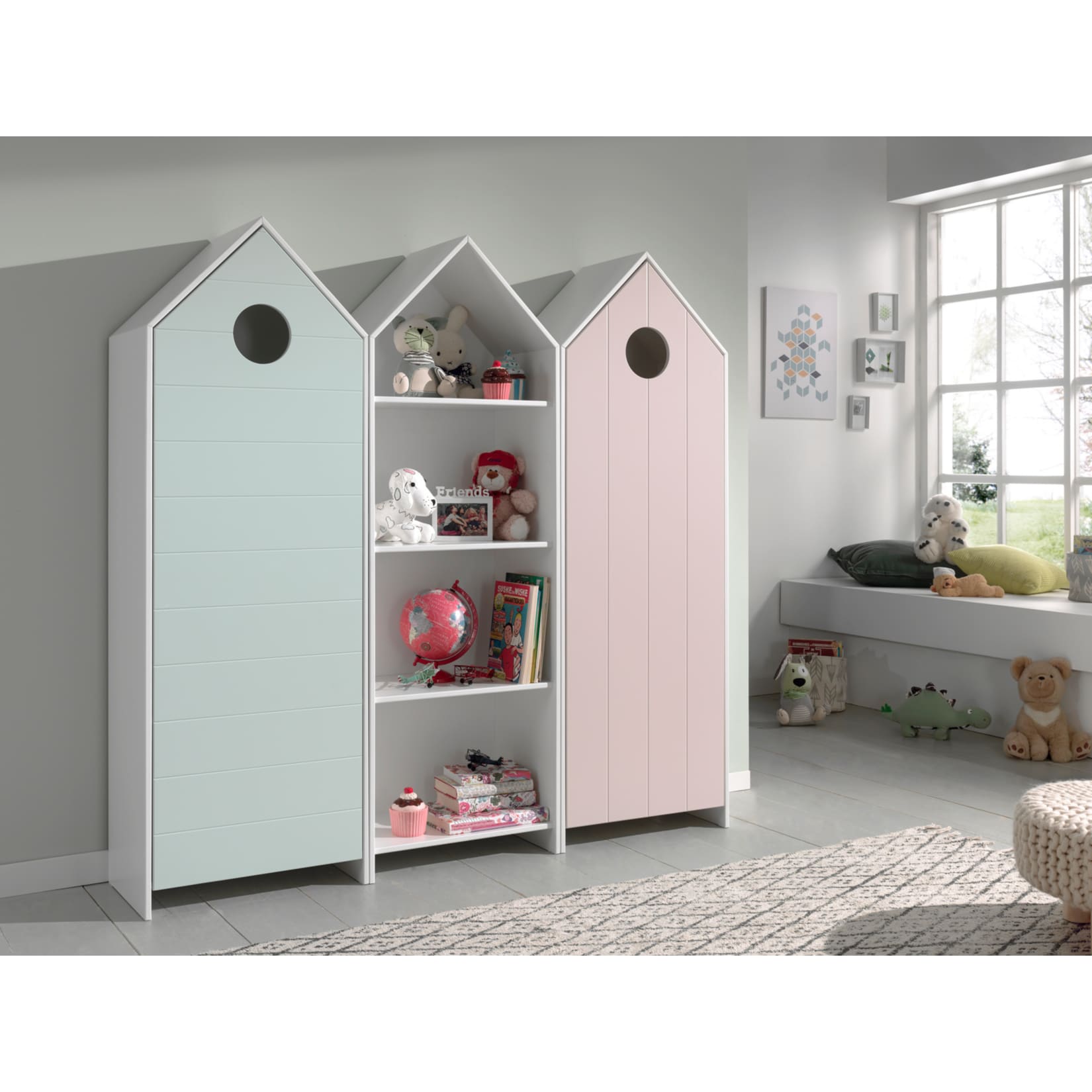 Vipack CASAMI Set 3-teilig - 1x Schrank 1-t&uuml;rig mit Front in Pink, 1x Regalschrank, 1x Schrank 1-t&uuml;rig mit Front in Mint - Bild 1