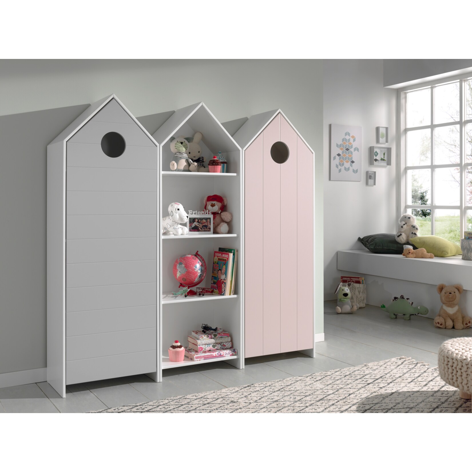 Vipack CASAMI Set 3-teilig – 1x Schrank 1-türig mit Front in Pink, 1x Regalschrank, 1x Schrank 1-türig mit Front in Grau | 05420070233187