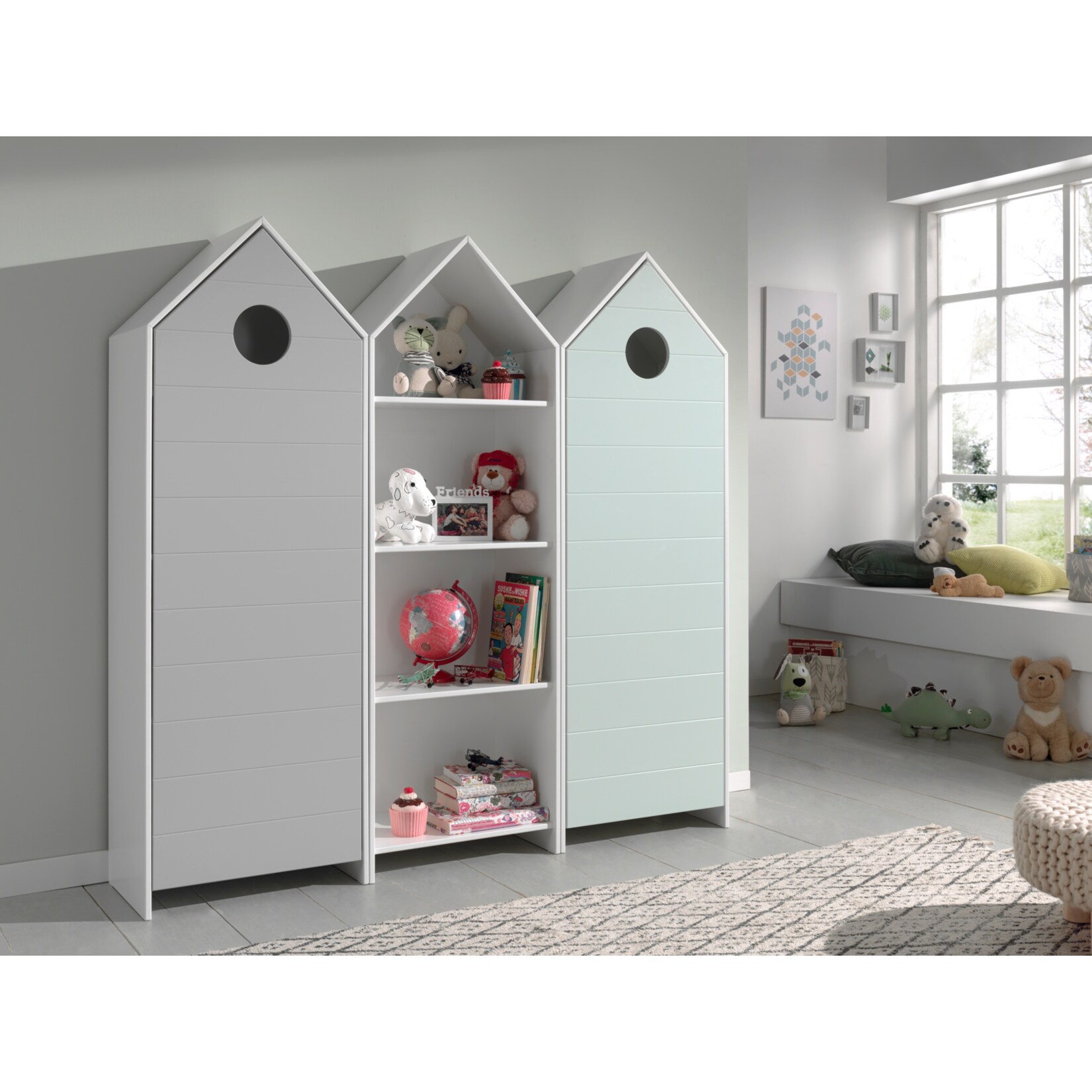 Vipack CASAMI Set 3-teilig – 1x Schrank 1-türig mit Front in Mint, 1x Regalschrank, 1x Schrank 1-türig mit Front in Grau | 05420070233194