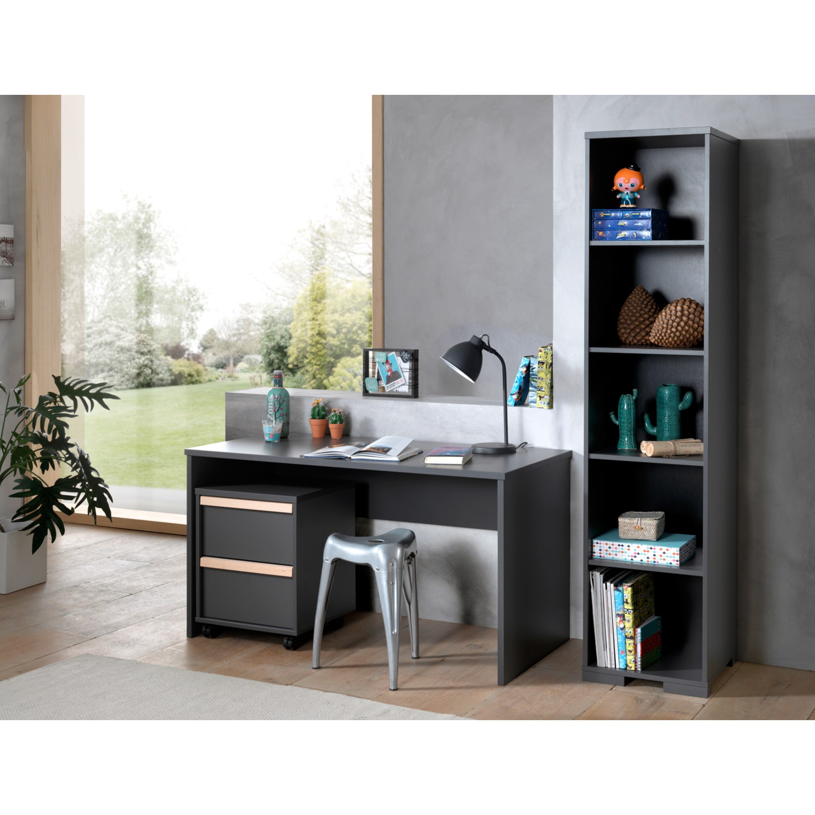Vipack LONDON - Jugendzimmer Set 3-teilig, 1x Schreibtisch, 1x Rollcontainer, 1x Regal, Dekor Anthrazit, Absatz Buche natur massiv - Bild 1
