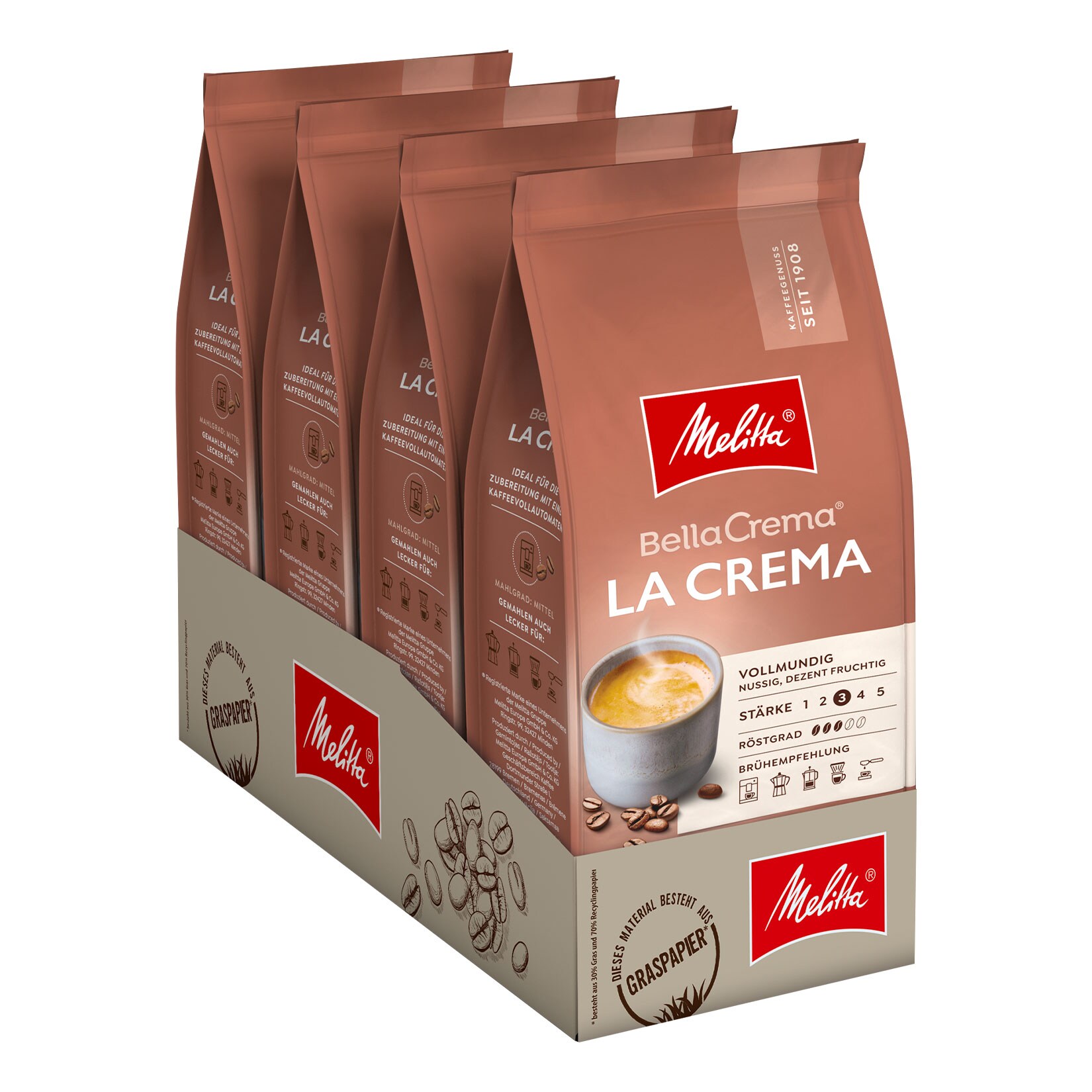 Melitta Bella Crema La Crema ganze Bohne 1000 g, 4er Pack - Bild 1