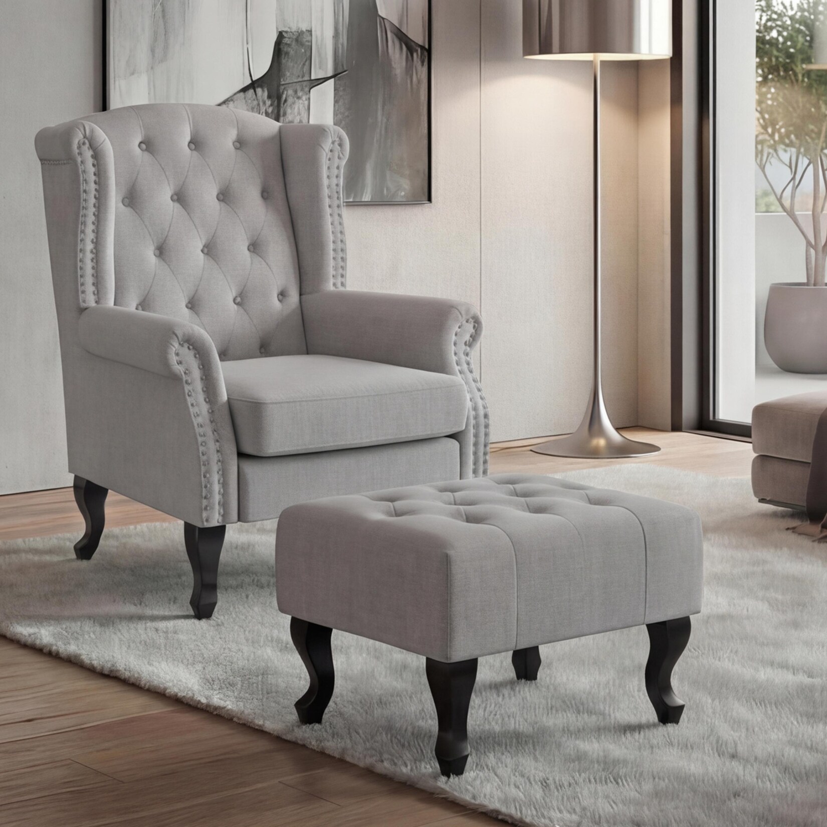 Sessel Chesterfield Oxford, Relaxsessel Clubsessel Ohrensessel, wasserabweisend Stoff/Textil ~ grau mit Ottomane