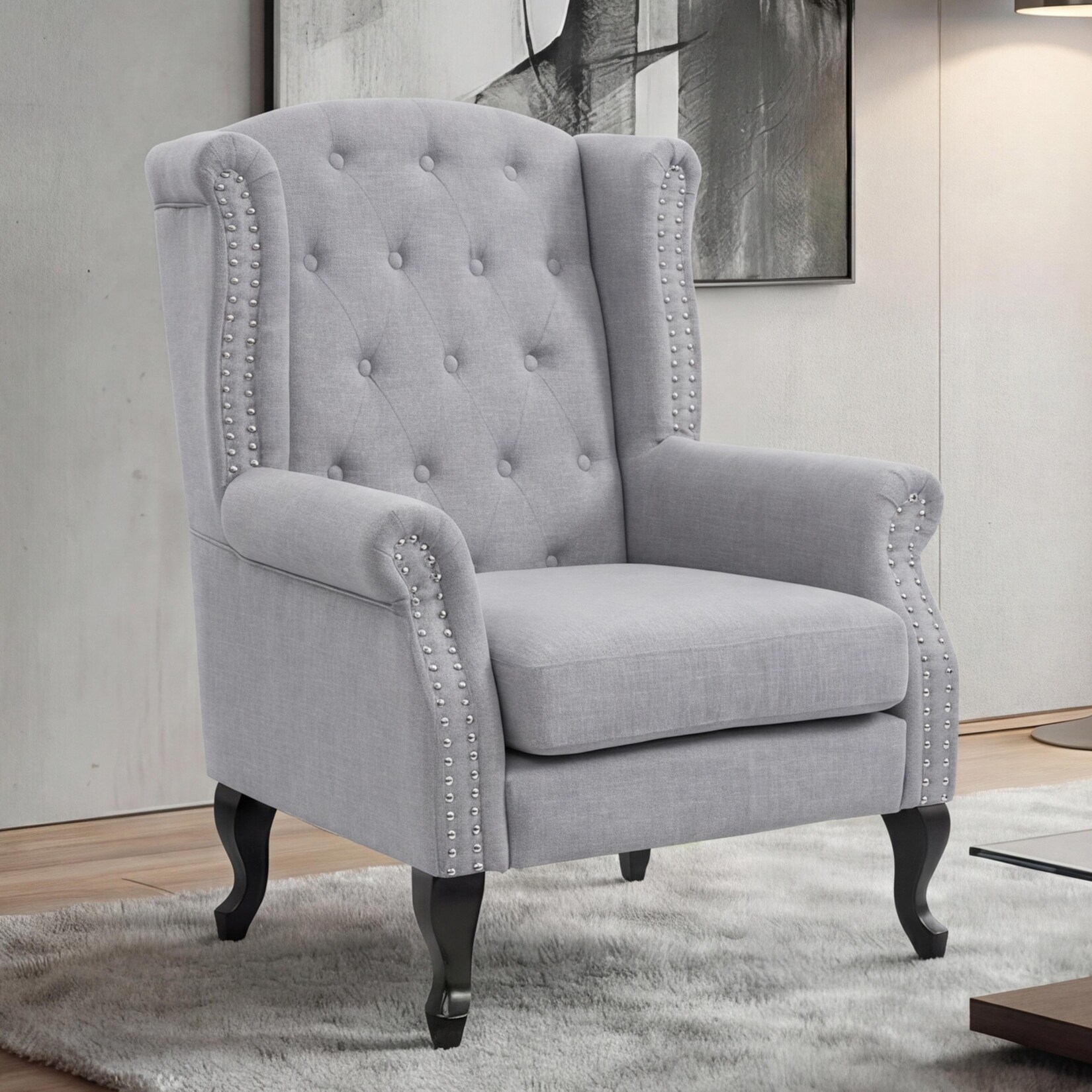 Sessel Chesterfield Oxford, Relaxsessel Clubsessel Ohrensessel, wasserabweisend Stoff/Textil ~ grau ohne Ottomane
