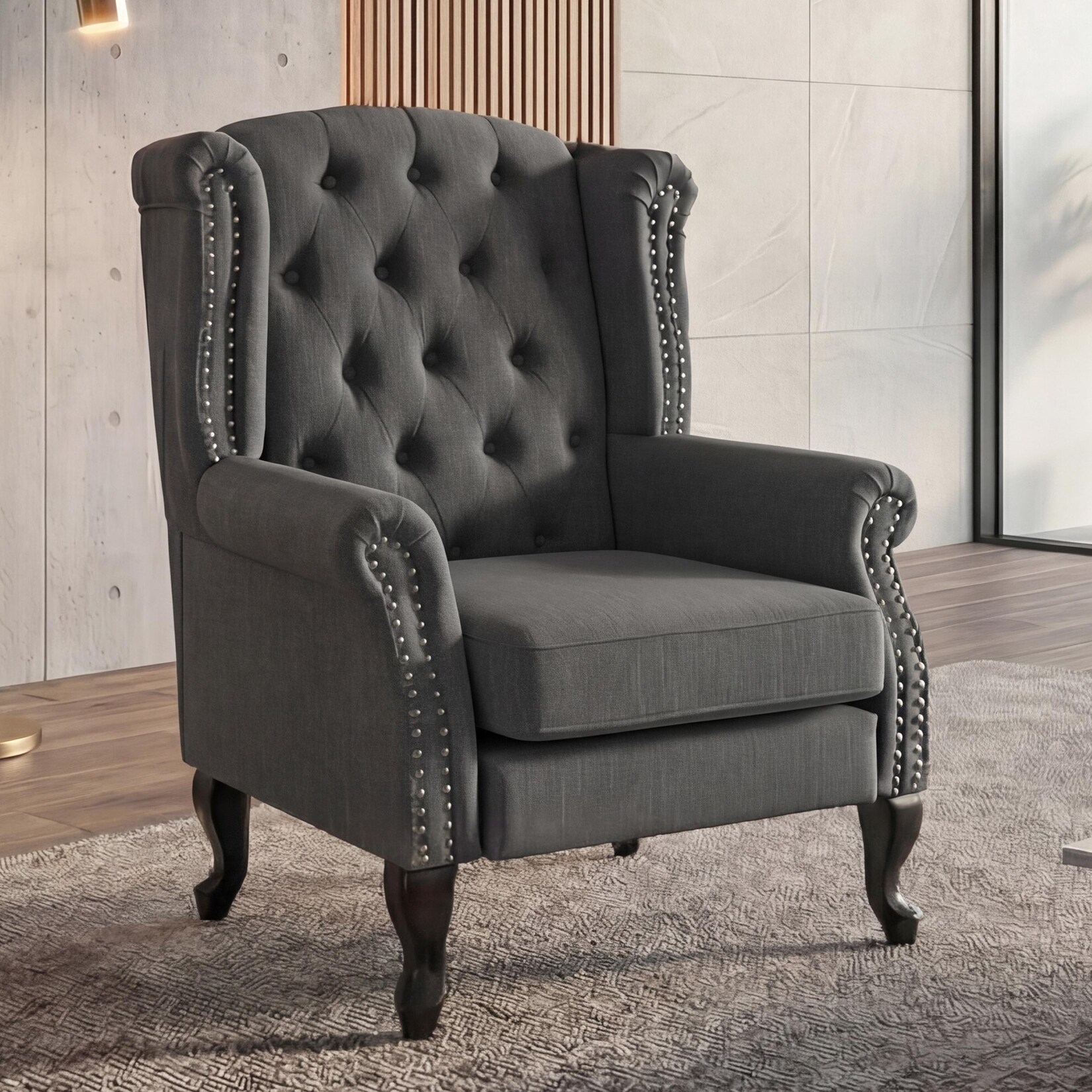 Sessel Chesterfield Oxford, Relaxsessel Clubsessel Ohrensessel, wasserabweisend Stoff/Textil ~ dunkelgrau ohne Ottomane