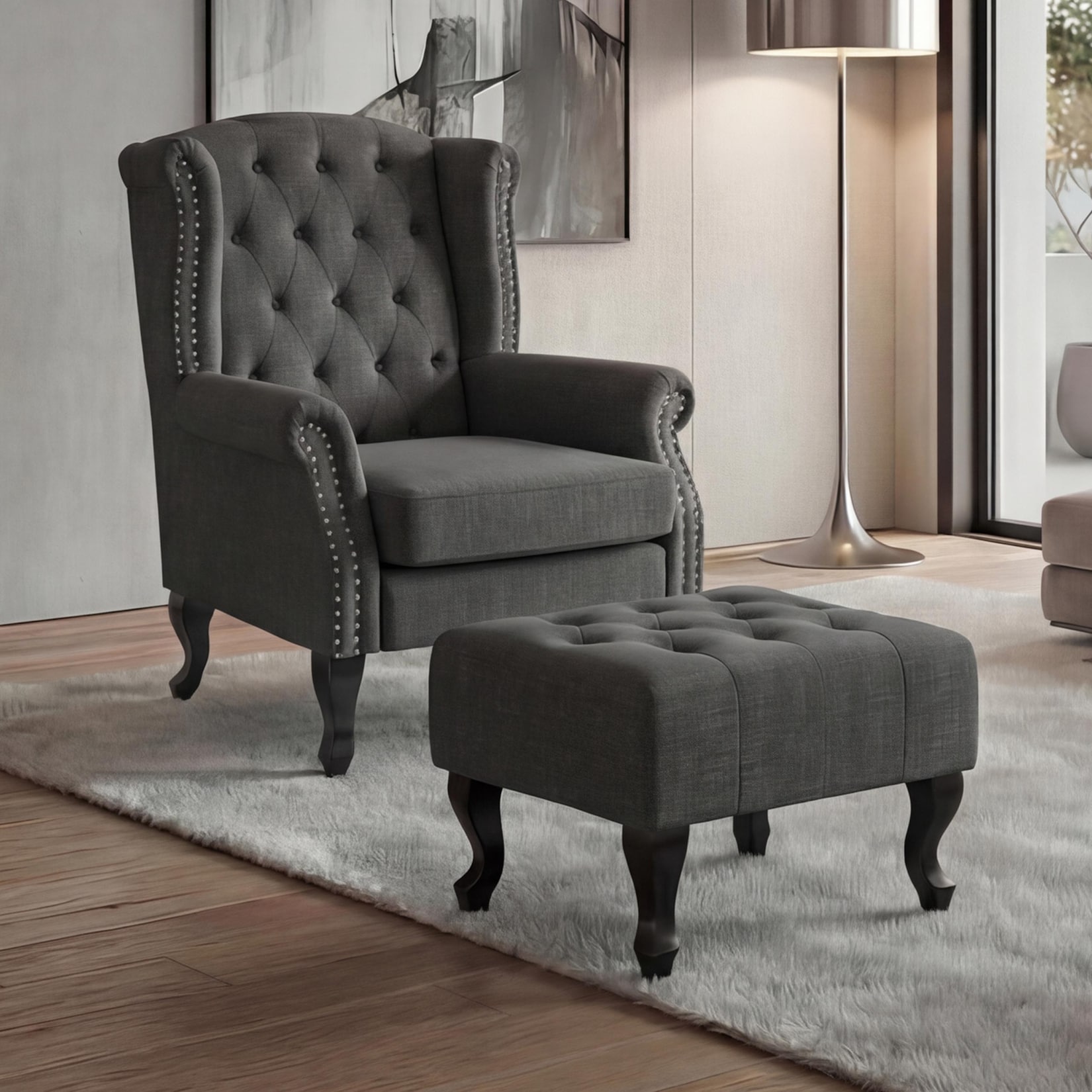 Sessel Chesterfield Oxford, Relaxsessel Clubsessel Ohrensessel, wasserabweisend Stoff/Textil ~ dunkelgrau mit Ottomane