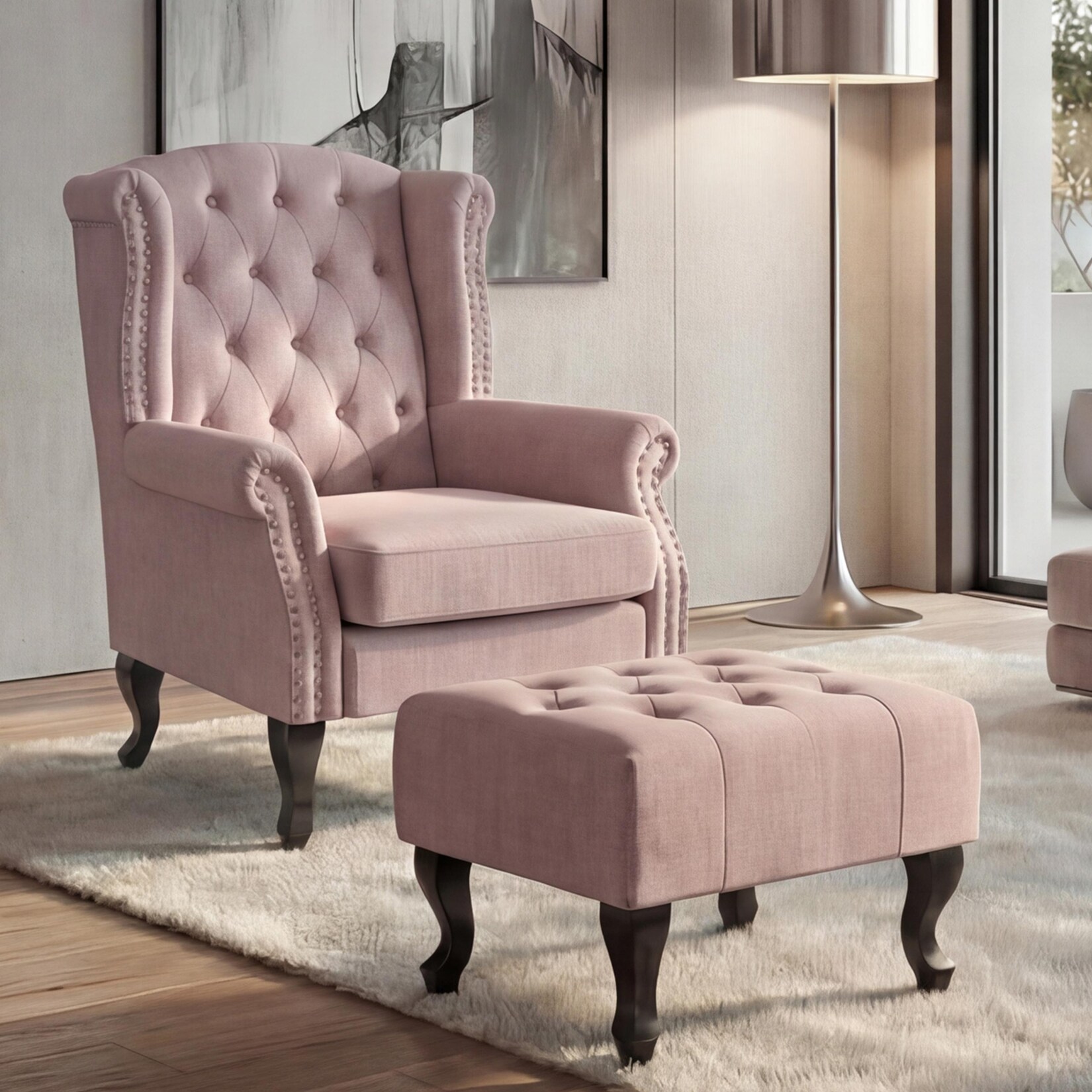 Sessel Chesterfield Oxford, Relaxsessel Clubsessel Ohrensessel, wasserabweisend Stoff/Textil ~ hellrosa mit Ottomane