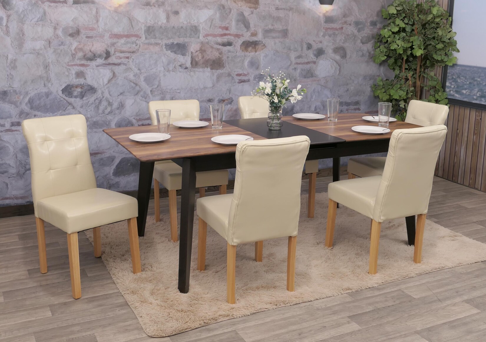 6er-Set Esszimmerstuhl MCW-E58, Stuhl Essstühle ~ Kunstleder creme, helle Beine