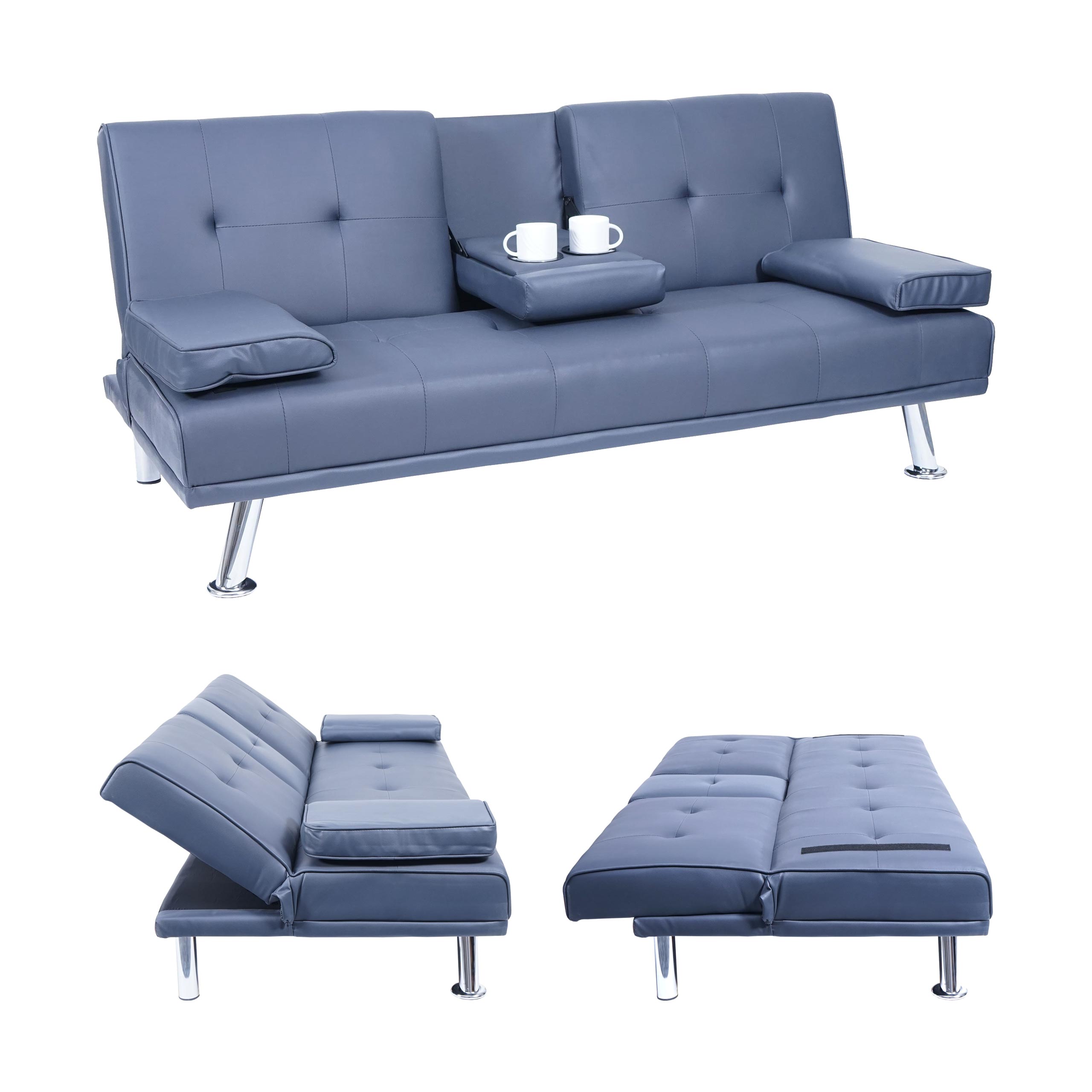 3er-Sofa MCW-F60, Couch Schlafsofa G&auml;stebett, Tassenhalter verstellbar 97x166cm ~ Kunstleder, dunkelblau - Bild 1
